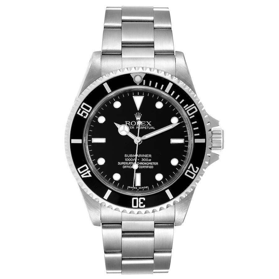 Rolex Submariner 40mm Non-Date 4 Liner Steel Mens Watch 14060 Box Card. Automatic self-winding movement. Stainless steel case 40.0 mm in diameter. Rolex logo on a crown. Special time-lapse unidirectional rotating bezel. Scratch resistant sapphire