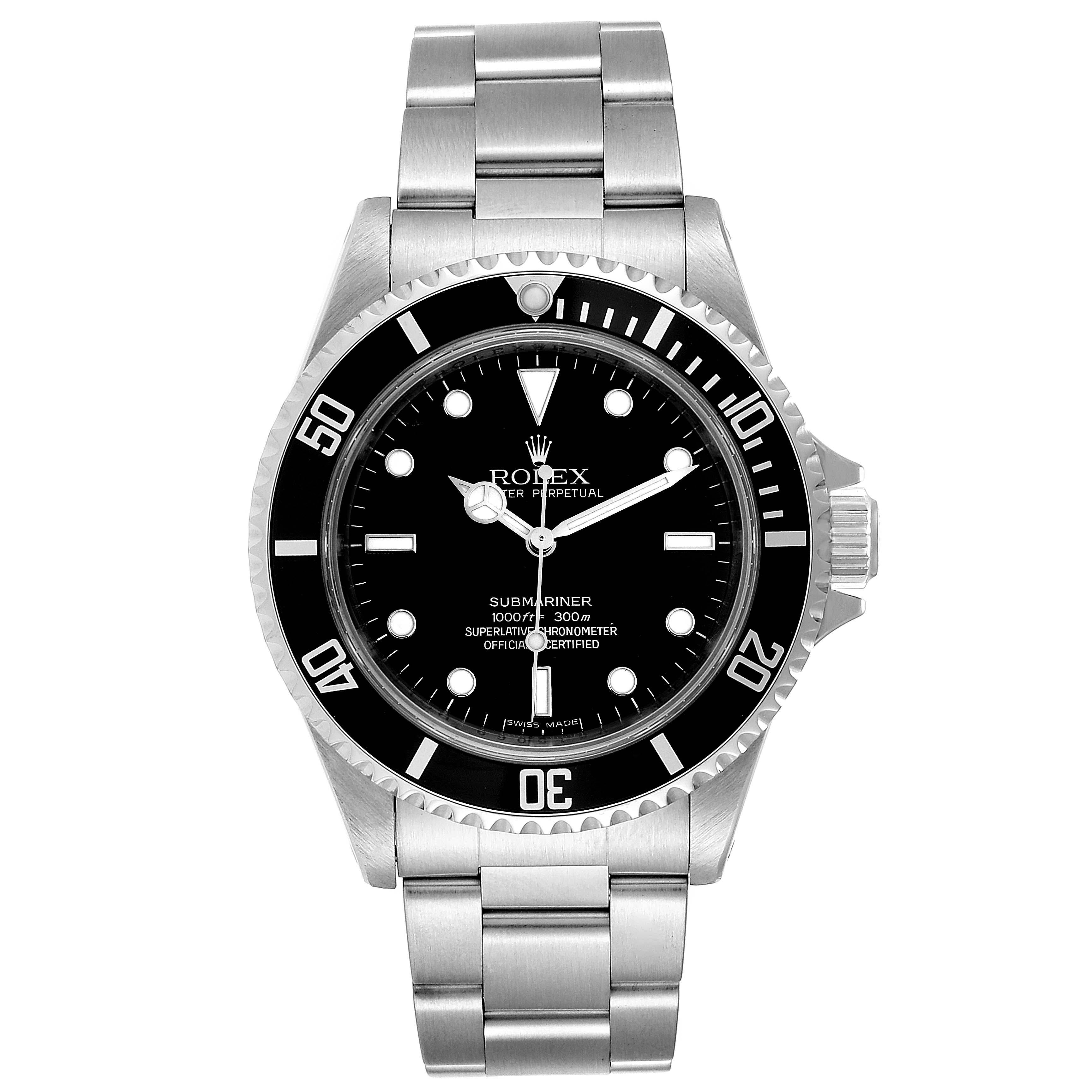 Rolex Submariner 40mm Non-Date 4 Liner Steel Steel Mens Watch 14060. Automatic self-winding movement. Stainless steel case 40.0 mm in diameter. Rolex logo on a crown. Special time-lapse unidirectional rotating bezel. Scratch resistant sapphire