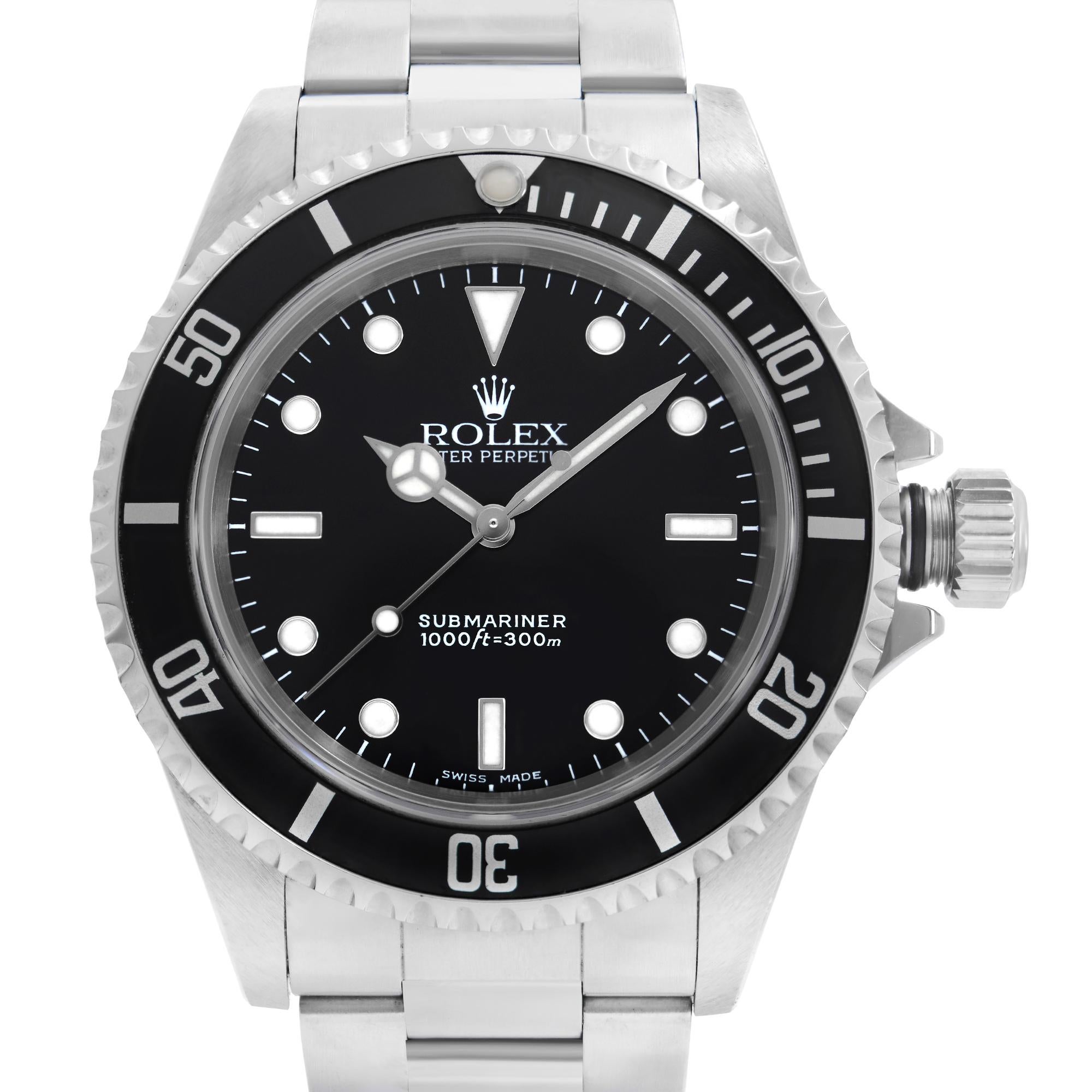 Pre-owned Rolex Submariner 40mm Stainless Steel Black Dial Automatic Men's Watch. This Beautiful Timepiece Was Produced in 2002. The Bezel Has a Dent Next to Number 20.  The back case has the original Rolex green sticker. The band has minor slack.