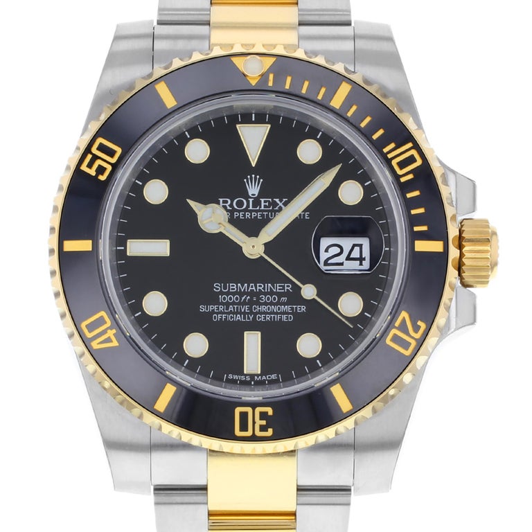 Pre-Owned Rolex Submariner 40mm Stainless Steel 18k Yellow Gold Black Dial Men's Automatic Watch 116613LN. This Timepiece is powered by an Automatic Movement and Features: Stainless Steel Round Case, and Steel with 18k Yellow Gold Bracelet.