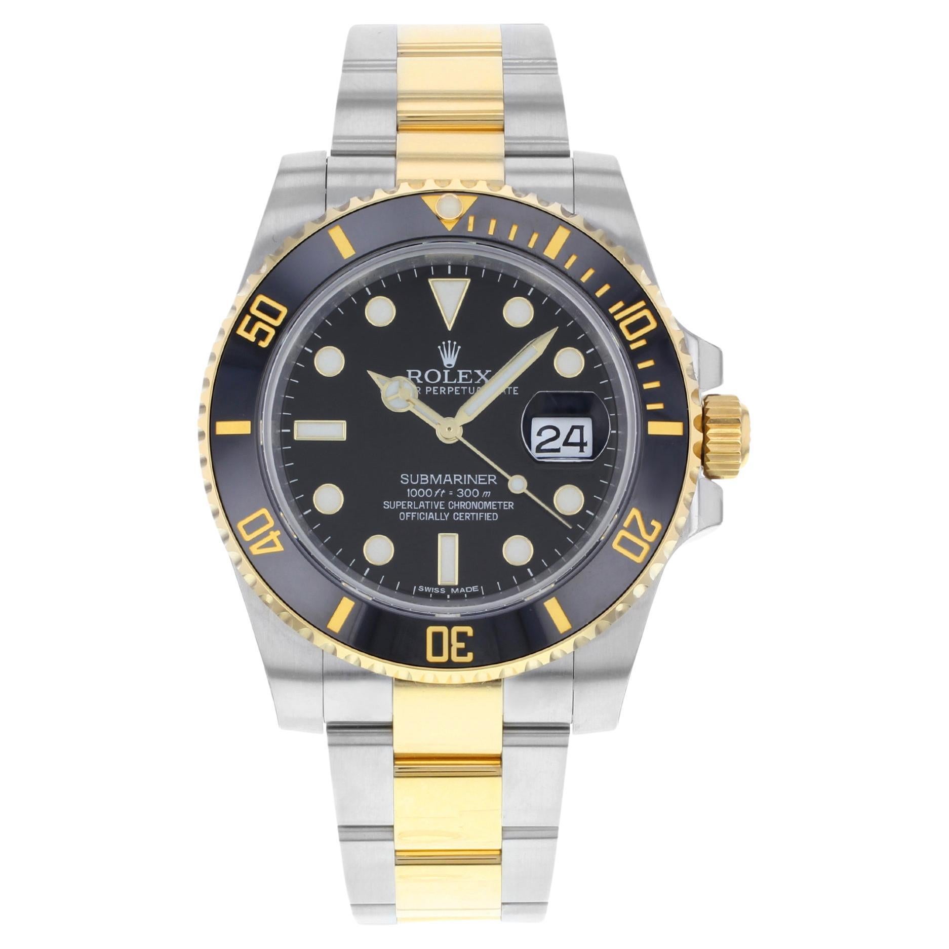 Rolex Submariner Steel 18k Yellow Gold Black Dial Mens Watch 116613LN en vente