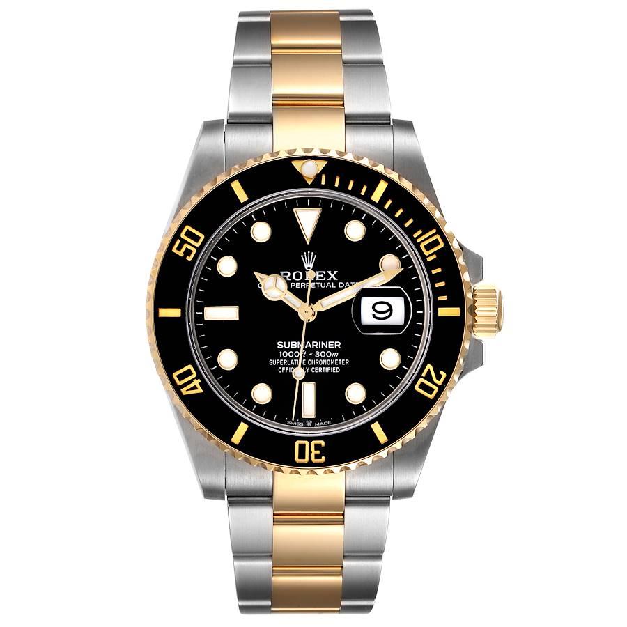 Rolex Submariner 41 Steel Yellow Gold Black Dial Mens Watch 126613 Box Card. Officially certified chronometer self-winding movement. Stainless steel and 18k yellow gold case 41 mm in diameter. Rolex logo on a crown. Ceramic black Ion-plated special