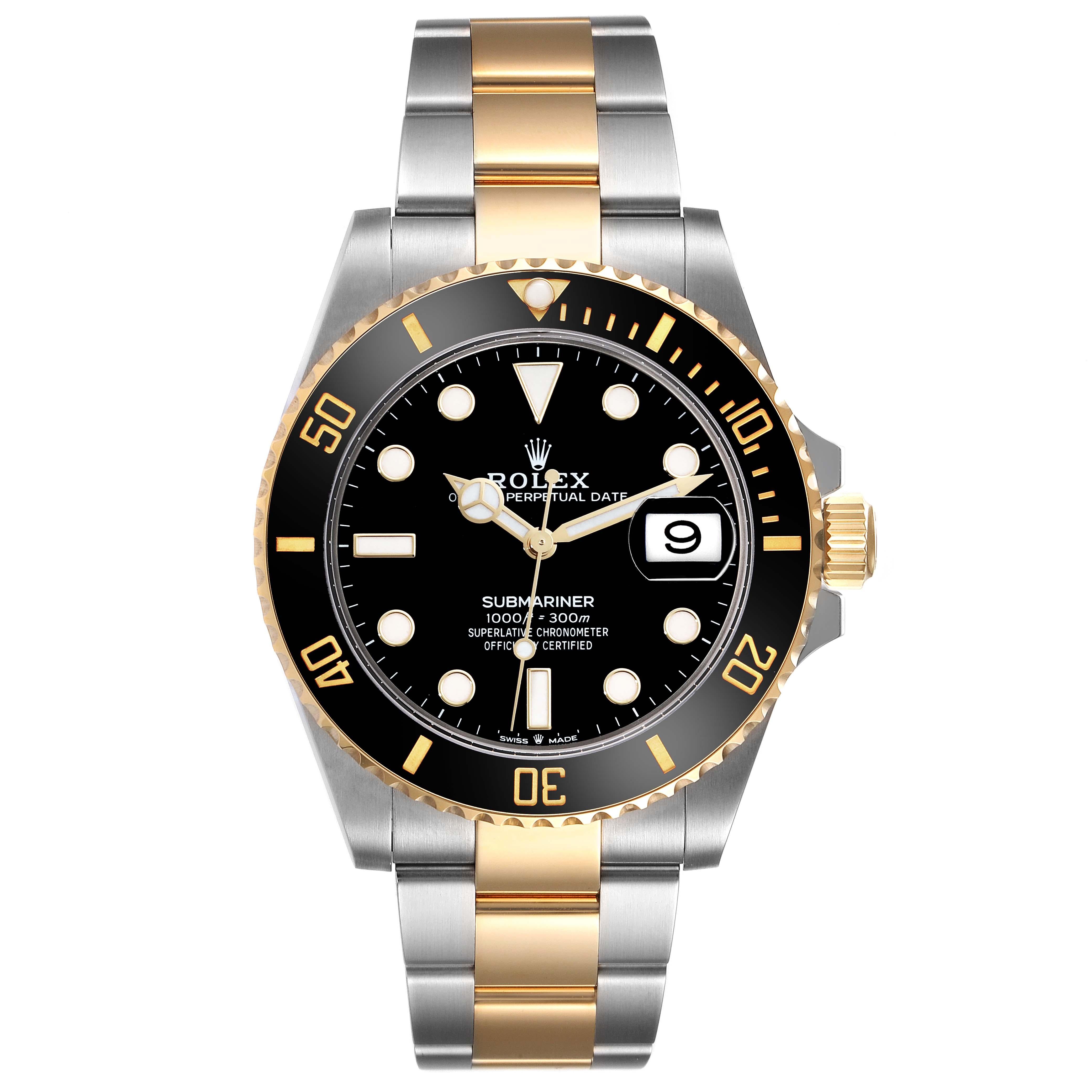 Rolex Submariner 41 Steel Yellow Gold Black Dial Mens Watch 126613 Box Card. Officially certified chronometer automatic self-winding movement. Stainless steel and 18k yellow gold case 41 mm in diameter. Rolex logo on the crown. Ceramic black
