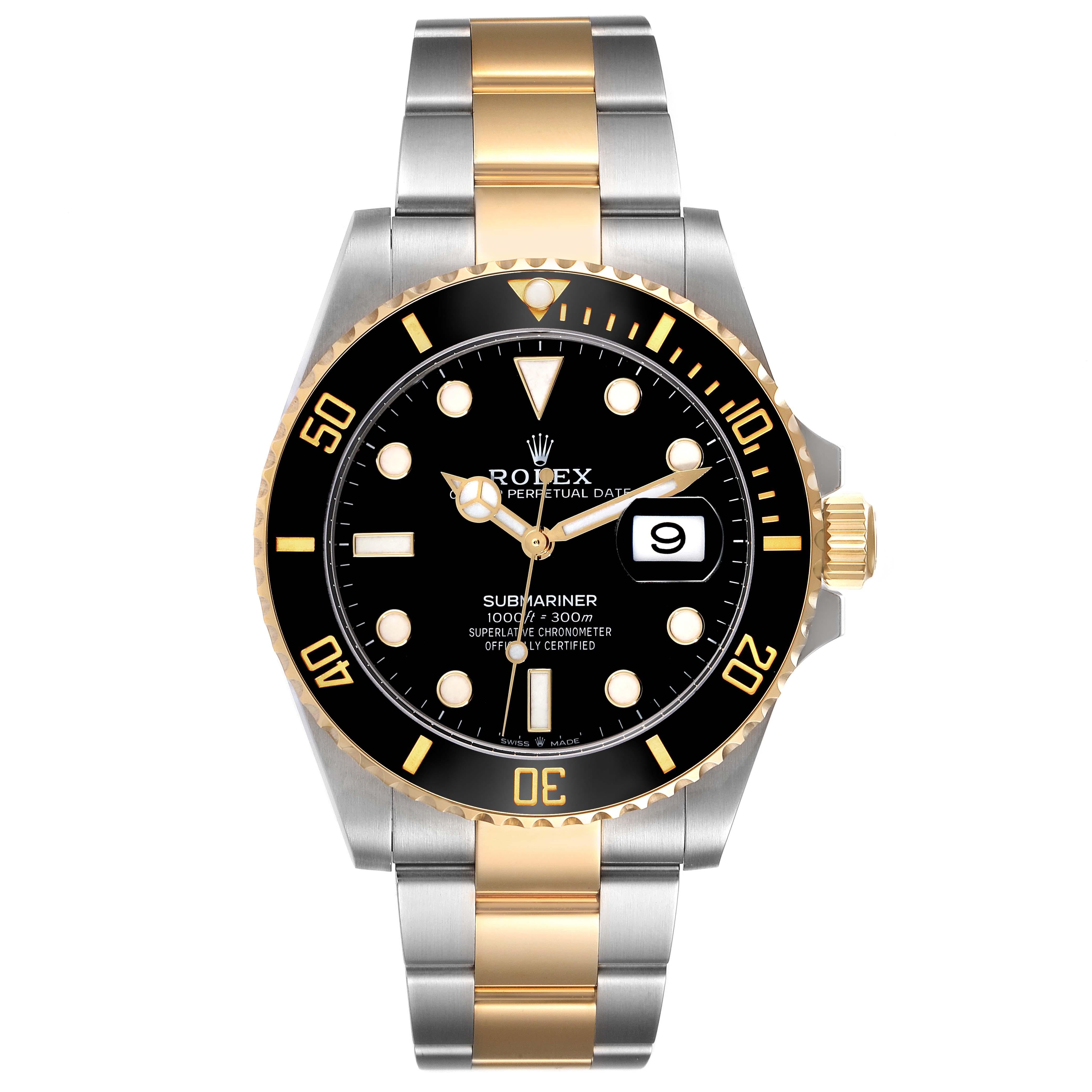 Rolex Submariner 41 Steel Yellow Gold Black Dial Mens Watch 126613 Box Card. Officially certified chronometer automatic self-winding movement. Stainless steel and 18k yellow gold case 41 mm in diameter. Rolex logo on the crown. Ceramic black
