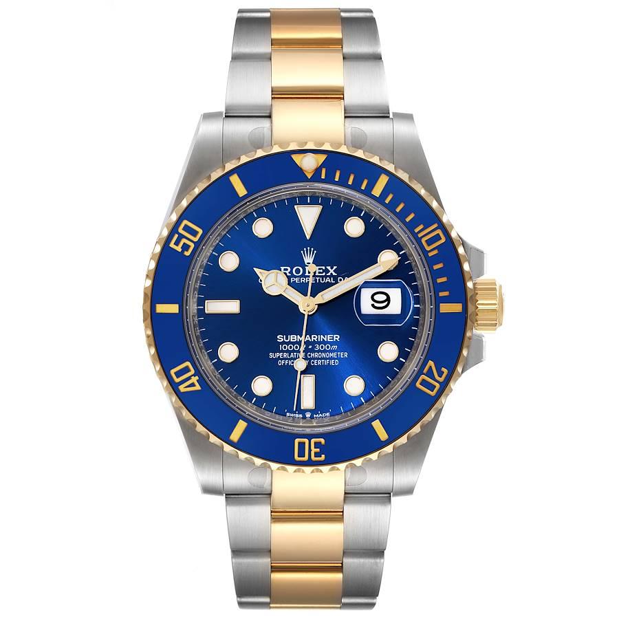 Rolex Submariner 41 Steel Yellow Gold Blue Dial Mens Watch 126613 Box Card. Officially certified chronometer self-winding movement. Stainless steel and 18k yellow gold case 41 mm in diameter. Rolex logo on a crown. Ceramic blue Ion-plated special