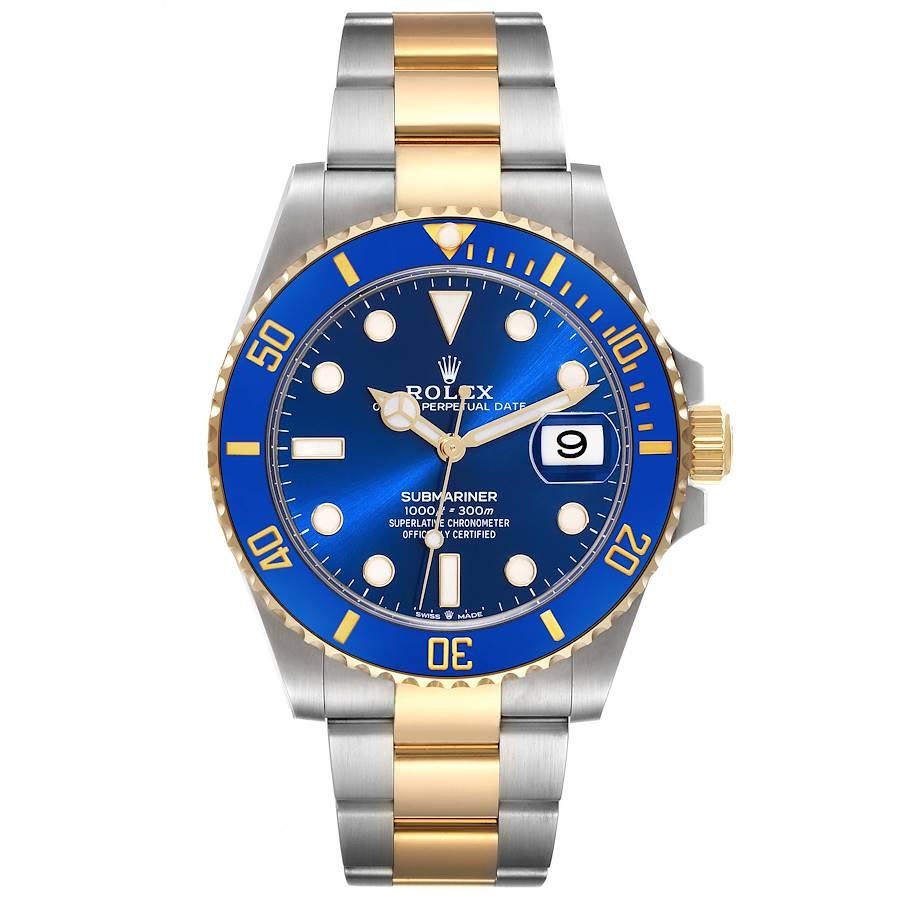 Rolex Submariner 41 Steel Yellow Gold Blue Dial Mens Watch 126613 Box Card. Officially certified chronometer automatic self-winding movement. Stainless steel and 18k yellow gold case 41 mm in diameter. Rolex logo on the crown. Ceramic blue