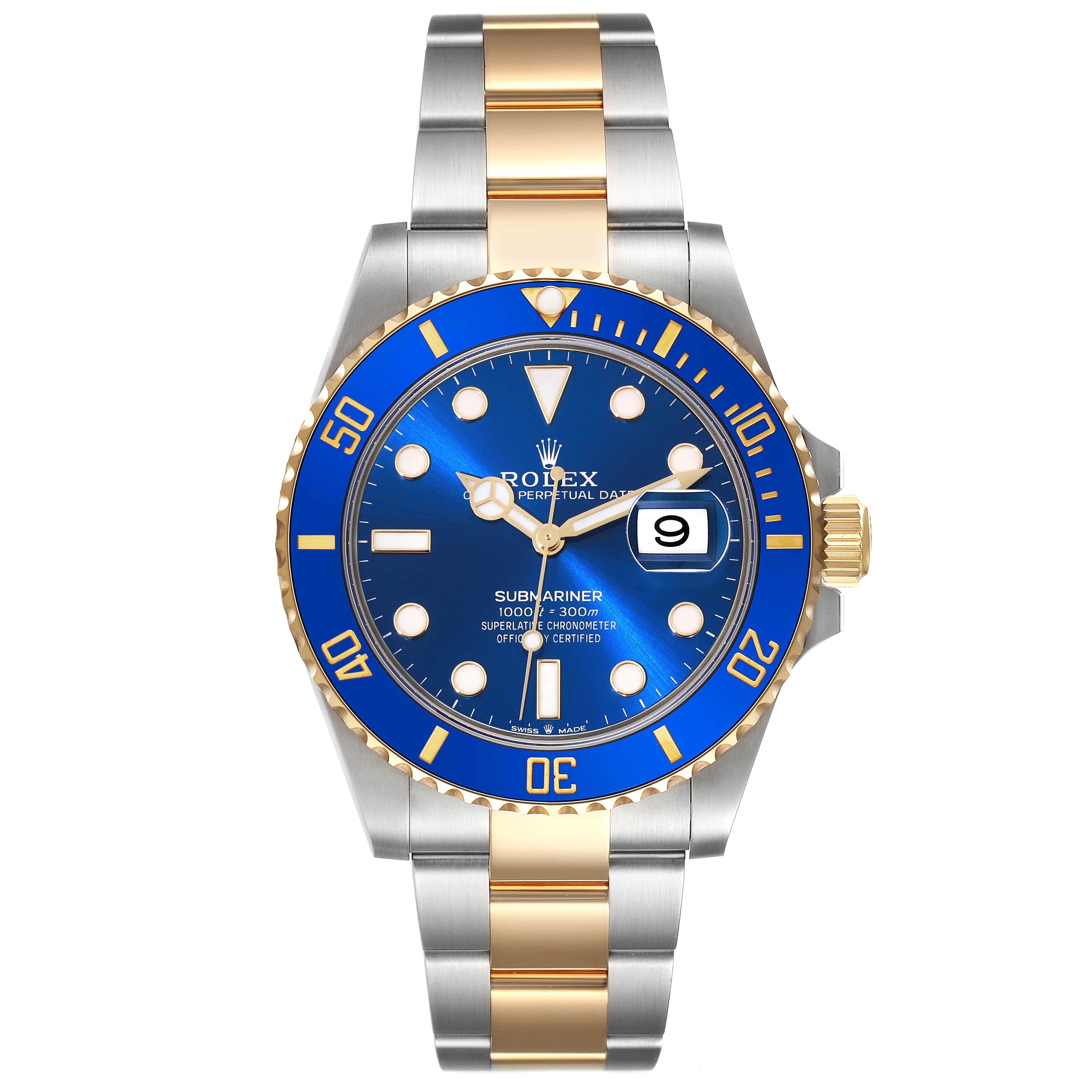 Rolex Submariner 41 Steel Yellow Gold Blue Dial Mens Watch 126613 Box Card. Officially certified chronometer automatic self-winding movement. Stainless steel and 18k yellow gold case 41 mm in diameter. Rolex logo on the crown. Ceramic blue