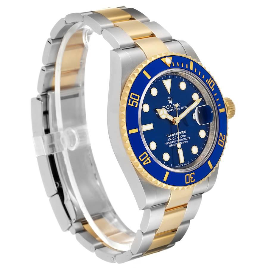 Rolex Submariner 41 Steel Yellow Gold Blue Dial Mens Watch 126613. Officially certified chronometer automatic self-winding movement. Stainless steel and 18k yellow gold case 41 mm in diameter. Rolex logo on the crown. Ceramic blue Ion-plated