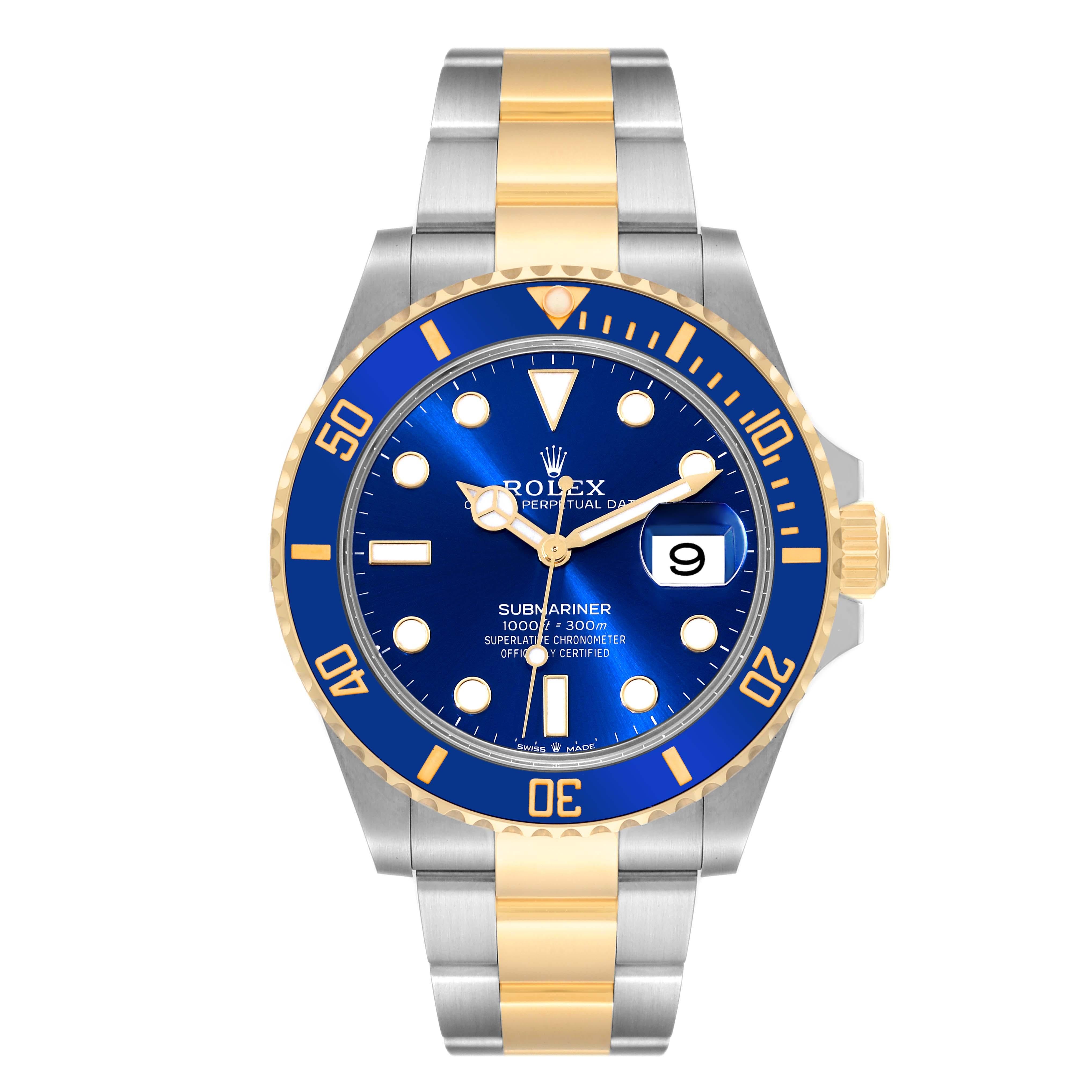 Rolex Submariner 41 Steel Yellow Gold Blue Dial Mens Watch 126613 Unworn. Officially certified chronometer automatic self-winding movement. Stainless steel and 18k yellow gold case 41 mm in diameter. Rolex logo on the crown. Ceramic blue Ion-plated
