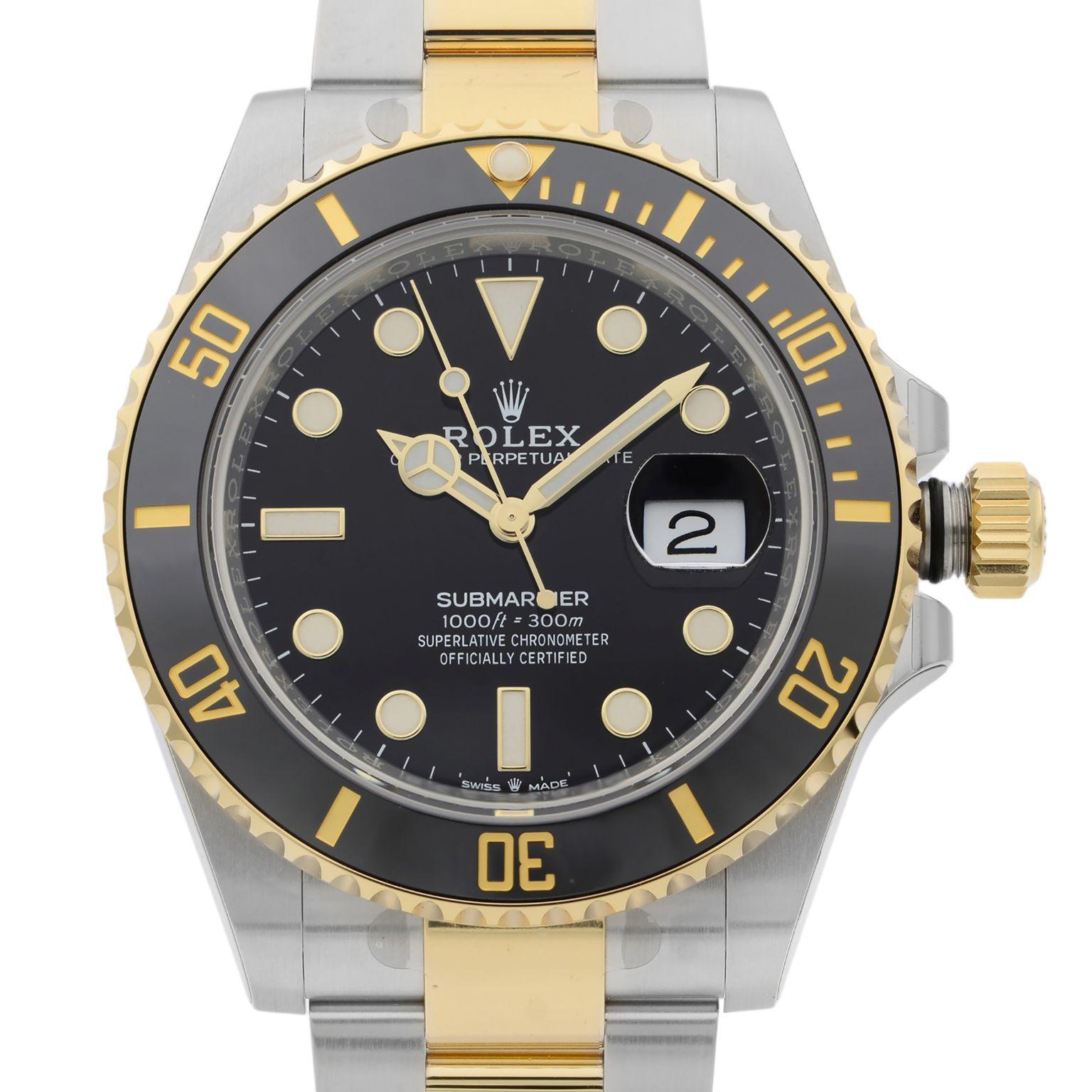 This brand new Rolex Submariner 126613LN is a beautiful men's timepiece that is powered by mechanical (automatic) movement which is cased in a stainless steel case. It has a round shape face, date indicator dial and has hand sticks & dots style