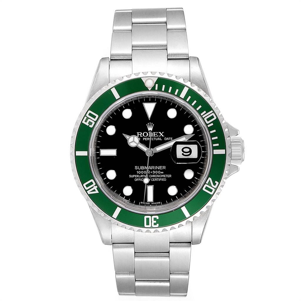 Rolex Submariner 50th Anniversary Green Kermit Mens Watch 16610LV. Officially certified chronometer self-winding movement. Stainless steel oyster case 40 mm in diameter. Rolex logo on a crown. Special time-lapse unidirectional rotating bezel with