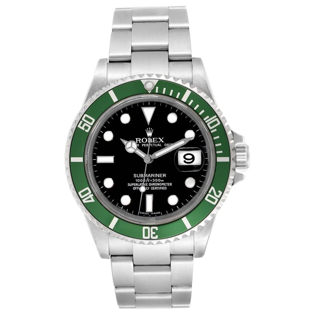 Rolex Submariner 50th Anniversary Green Kermit Mens Watch 16610LV. Officially certified chronometer self-winding movement. Stainless steel oyster case 40 mm in diameter. Rolex logo on a crown. Special time-lapse unidirectional rotating bezel with