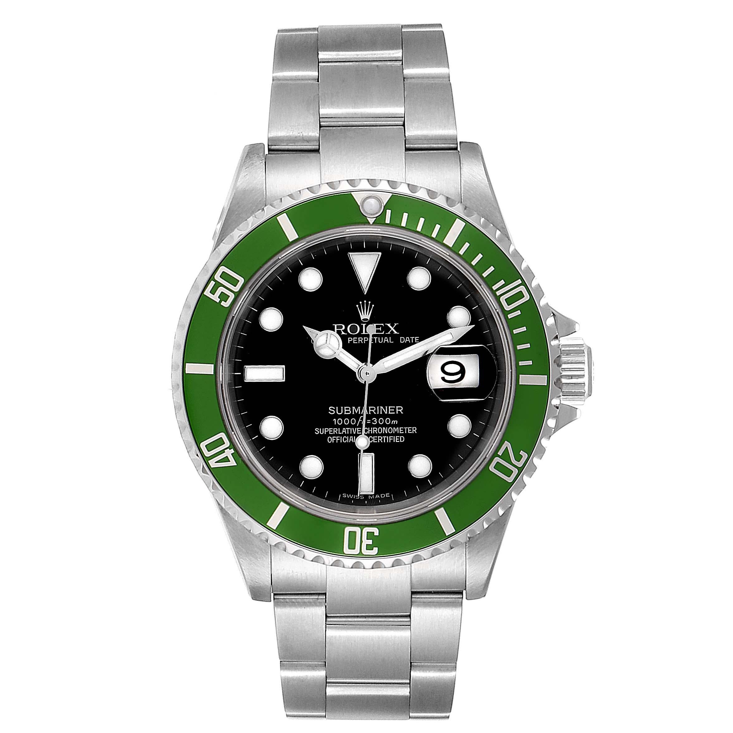 Rolex Submariner 50th Anniversary Green Kermit Mens Watch 16610LV. Officially certified chronometer self-winding movement. Stainless steel oyster case 40 mm in diameter. Rolex logo on a crown. Special time-lapse unidirectional rotating bezel with