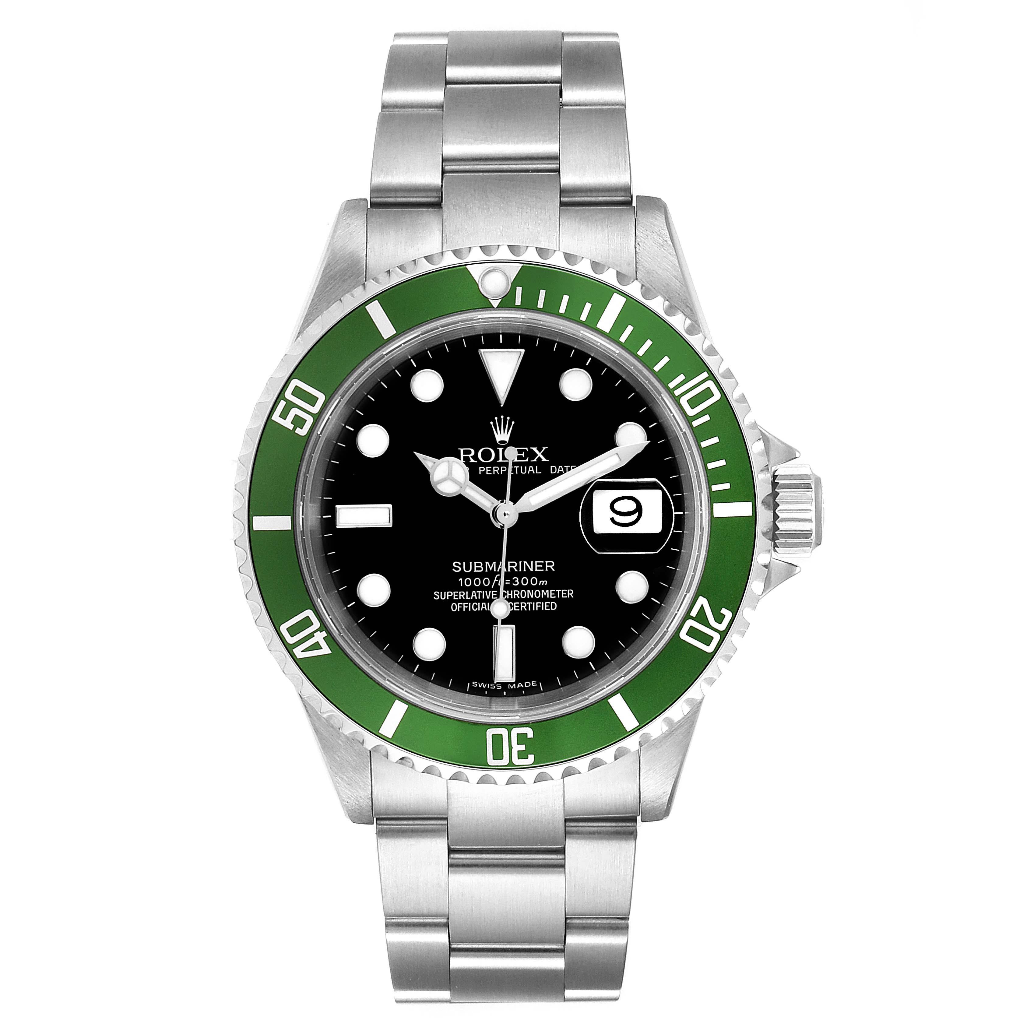 Rolex Submariner 50th Anniversary Green Kermit Mens Watch 16610LV. Officially certified chronometer self-winding movement. Stainless steel oyster case 40 mm in diameter. Rolex logo on a crown. Special time-lapse unidirectional rotating bezel with