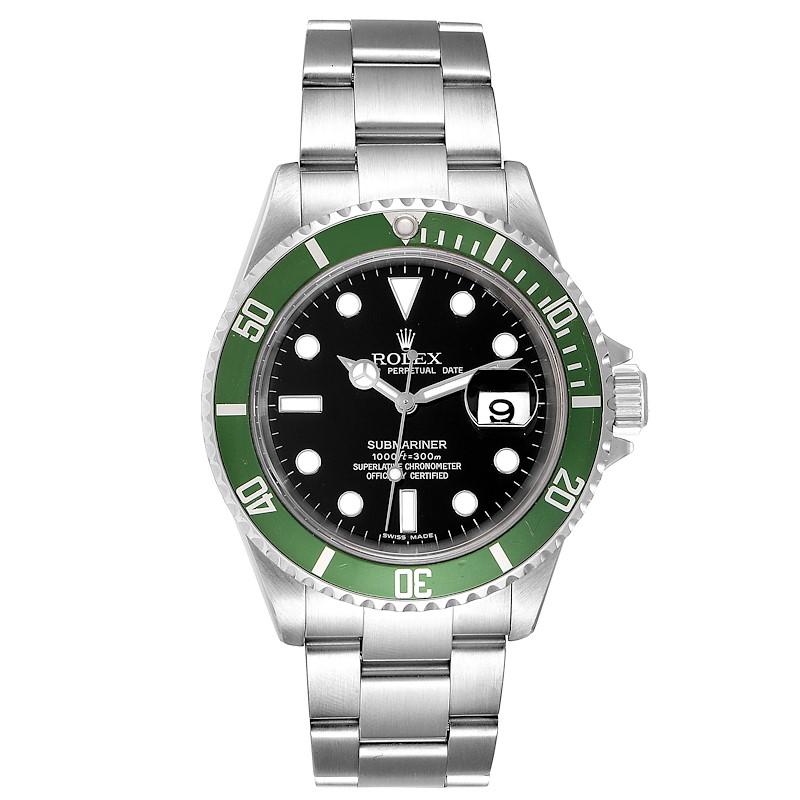 Rolex Submariner 50th Anniversary Green Kermit Mens Watch 16610LV. Officially certified chronometer self-winding movement. Stainless steel oyster case 40 mm in diameter. Rolex logo on a crown. Special time-lapse unidirectional rotating bezel with