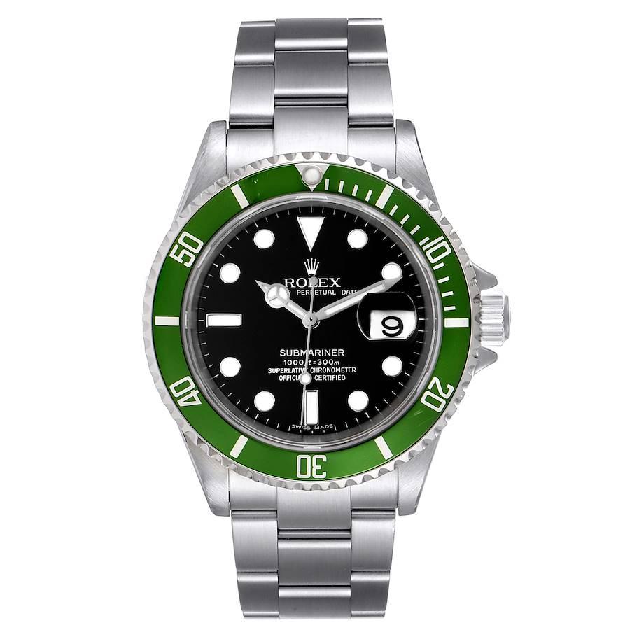 Rolex Submariner 50th Anniversary Green Kermit Steel Mens Watch 16610LV. Officially certified chronometer self-winding movement. Stainless steel oyster case 40 mm in diameter. Rolex logo on a crown. Special time-lapse unidirectional rotating bezel