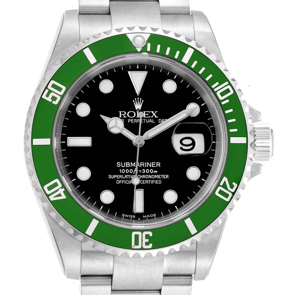 Rolex Submariner 50th Anniversary Green Kermit Watch 16610LV Unworn. Officially certified chronometer self-winding movement. Stainless steel oyster case 40 mm in diameter. Rolex logo on a crown. Special time-lapse unidirectional rotating bezel with