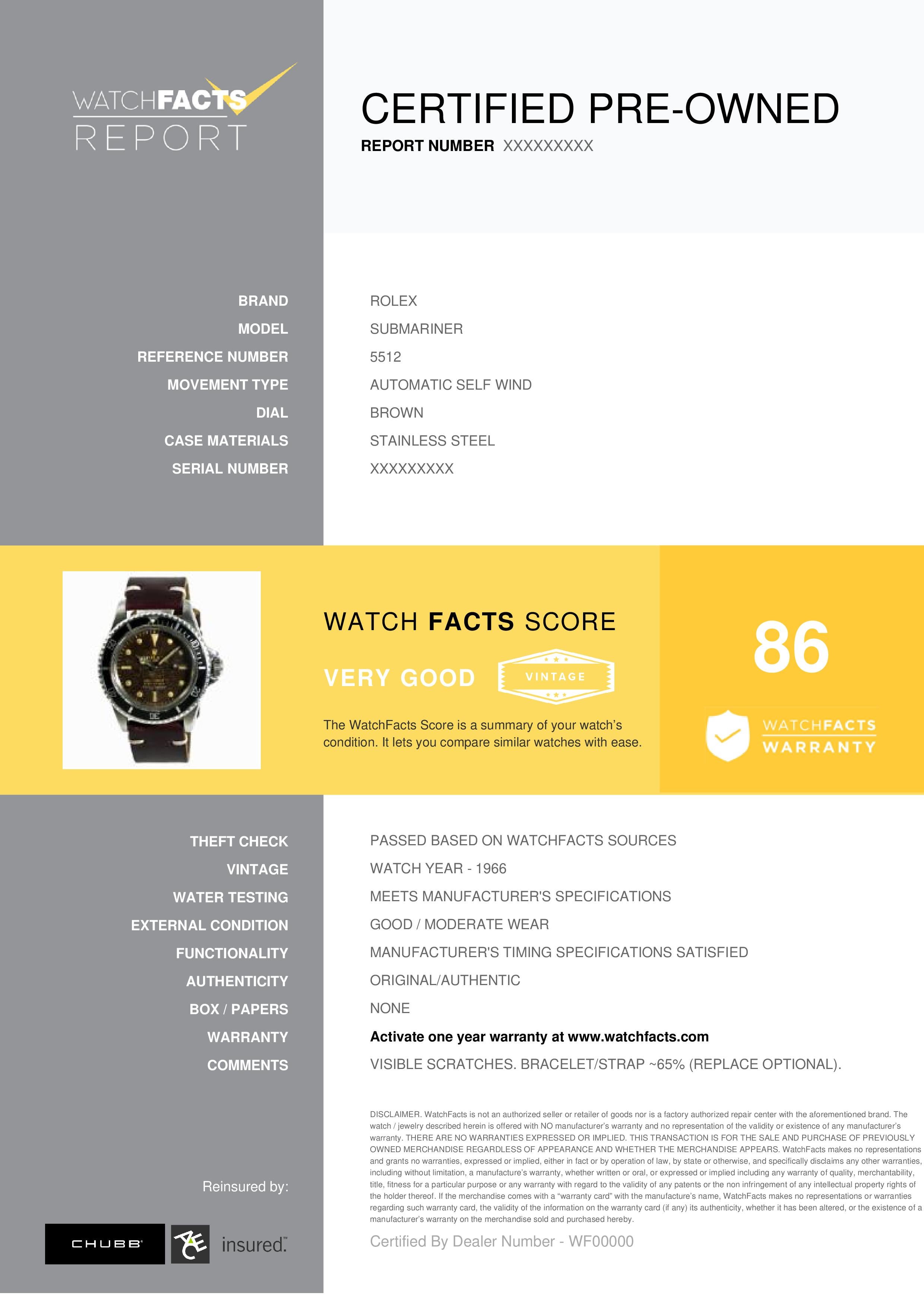 Rolex Submariner Reference #: 5512. Mens Automatic Self Wind Watch Stainless Steel Brown 40 MM. Verified and Certified by WatchFacts. 1 year warranty offered by WatchFacts.
