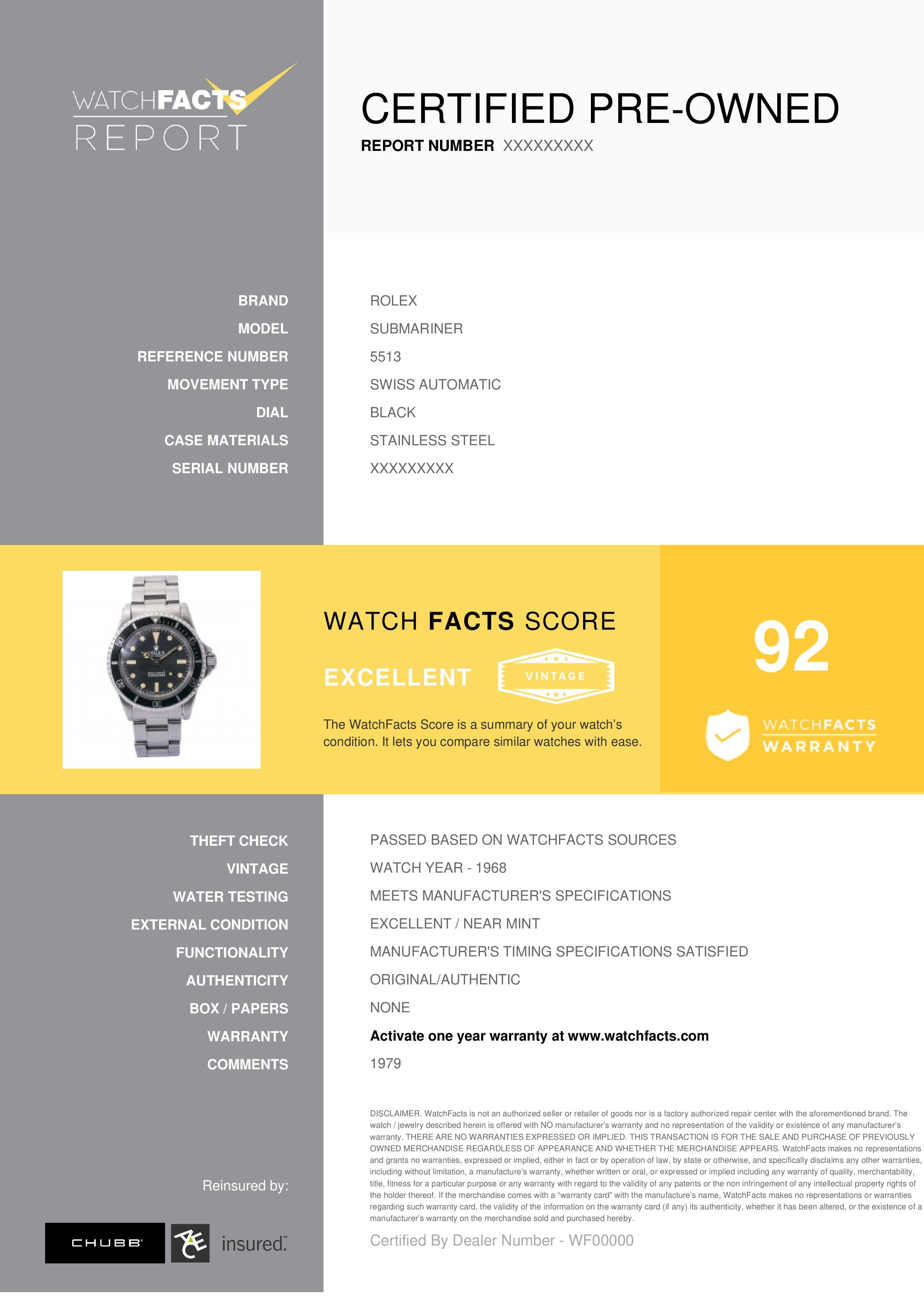 Rolex Submariner Reference #: 5513. Mens Swiss Automatic Watch Stainless Steel Black 40 MM. Verified and Certified by WatchFacts. 1 year warranty offered by WatchFacts.