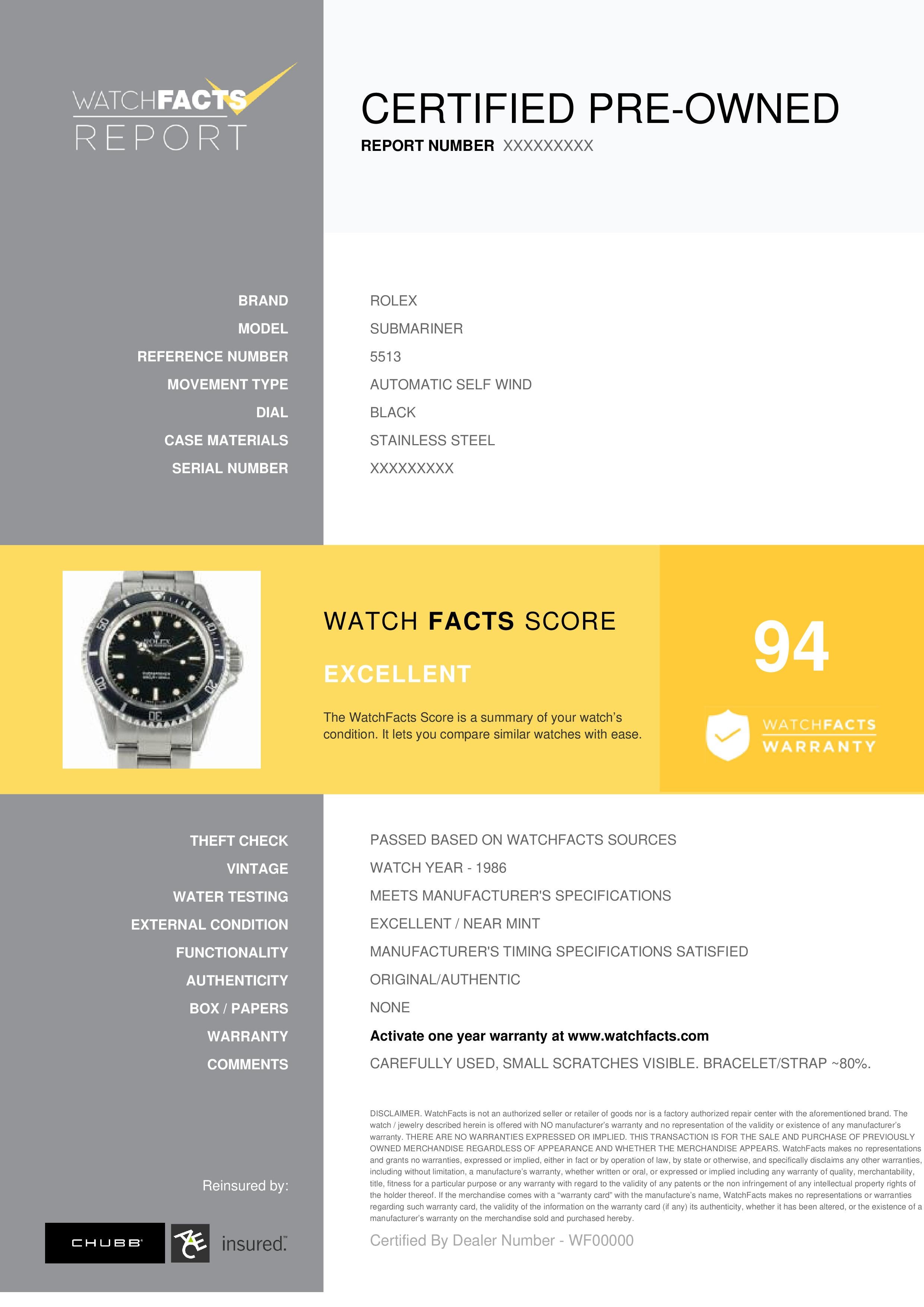 Rolex Submariner Reference #: 5513. Mens Automatic Self Wind Watch Stainless Steel Black 40 MM. Verified and Certified by WatchFacts. 1 year warranty offered by WatchFacts.
