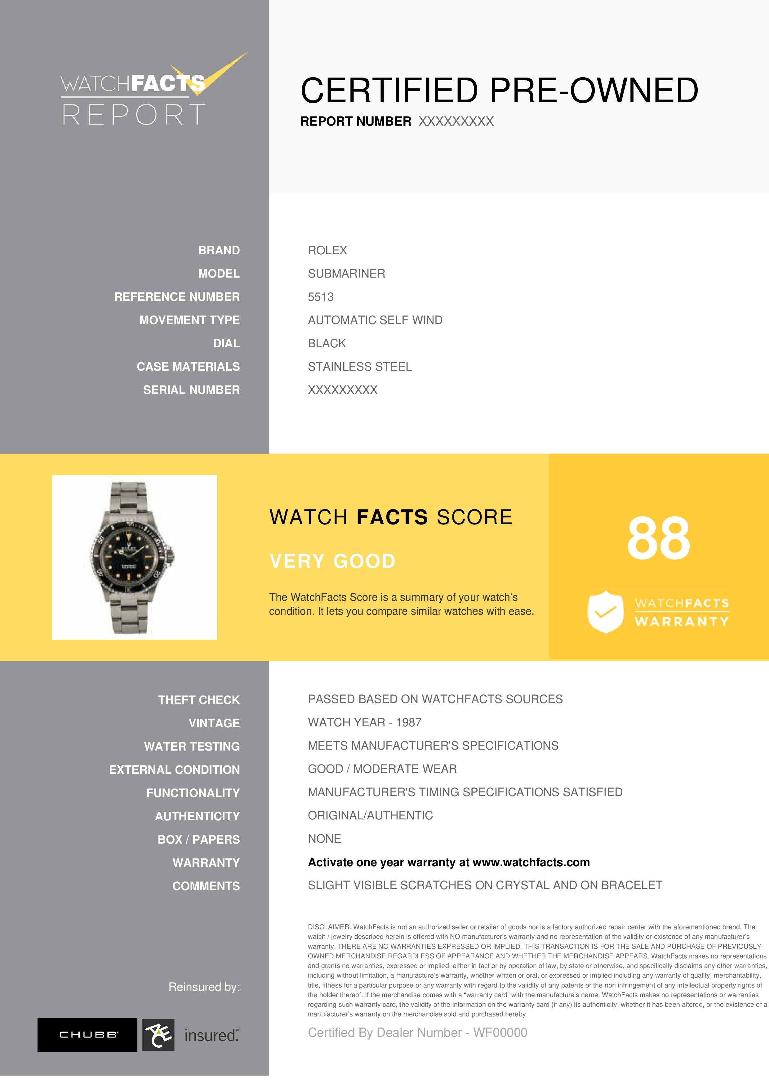 Rolex Submariner Reference #: 5513. Mens Automatic Self Wind Watch Stainless Steel Black 40 MM. Verified and Certified by WatchFacts. 1 year warranty offered by WatchFacts.
