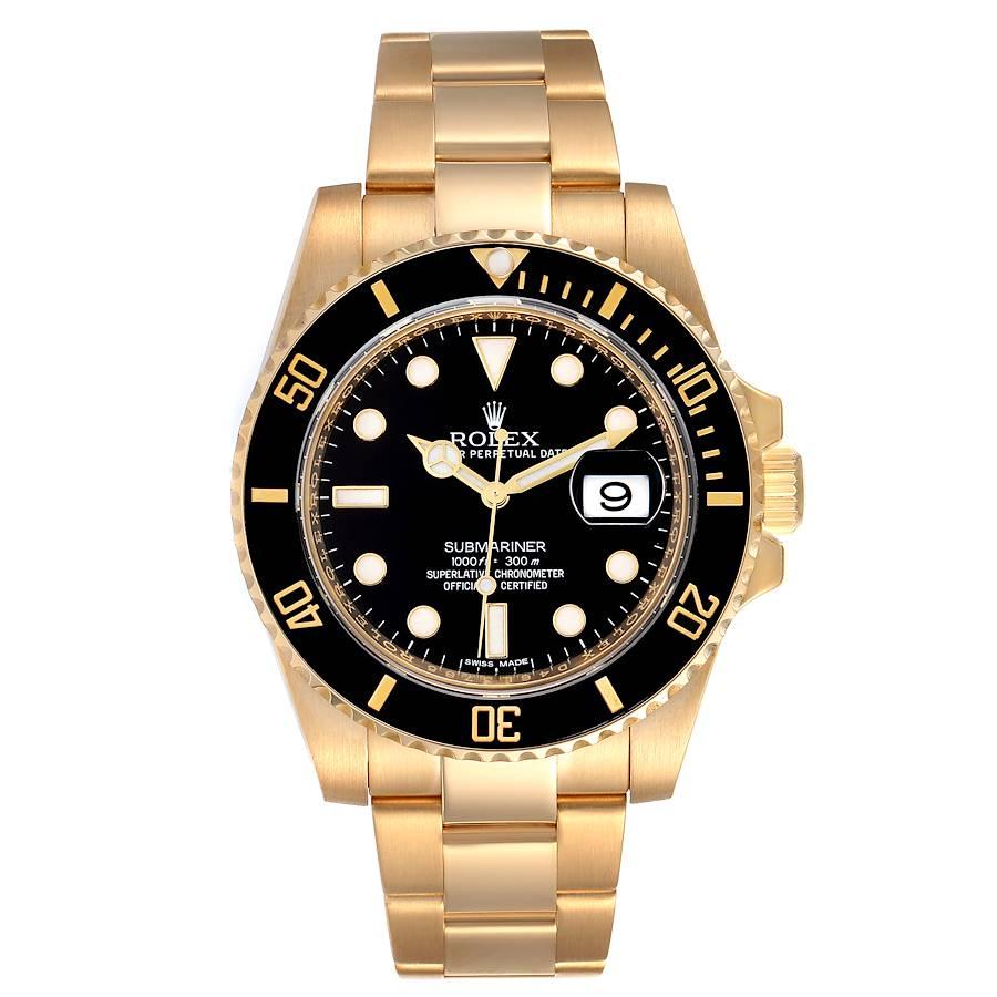 Rolex Submariner Black Dial 18k Yellow Gold Mens Watch 116618. Officially certified chronometer self-winding movement. 18k yellow gold case 40.0 mm in diameter. Rolex logo on a crown. Ceramic black Ion-plated special time-lapse unidirectional