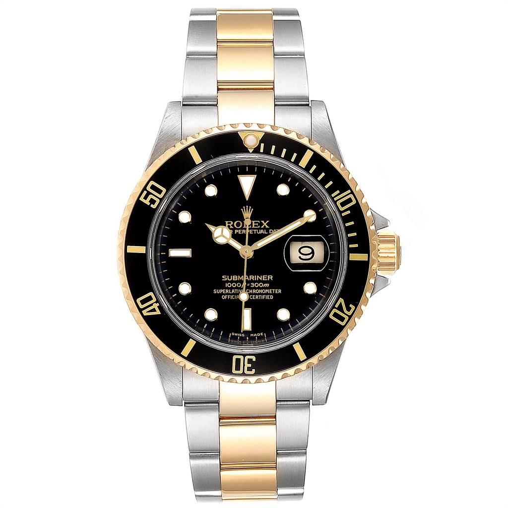 Rolex Submariner Black Dial Bezel Steel Yellow Gold Mens Watch 16613. Officially certified chronometer self-winding movement. Stainless steel and 18k yellow gold case 40 mm in diameter. Rolex logo on a crown. Black insert special time-lapse