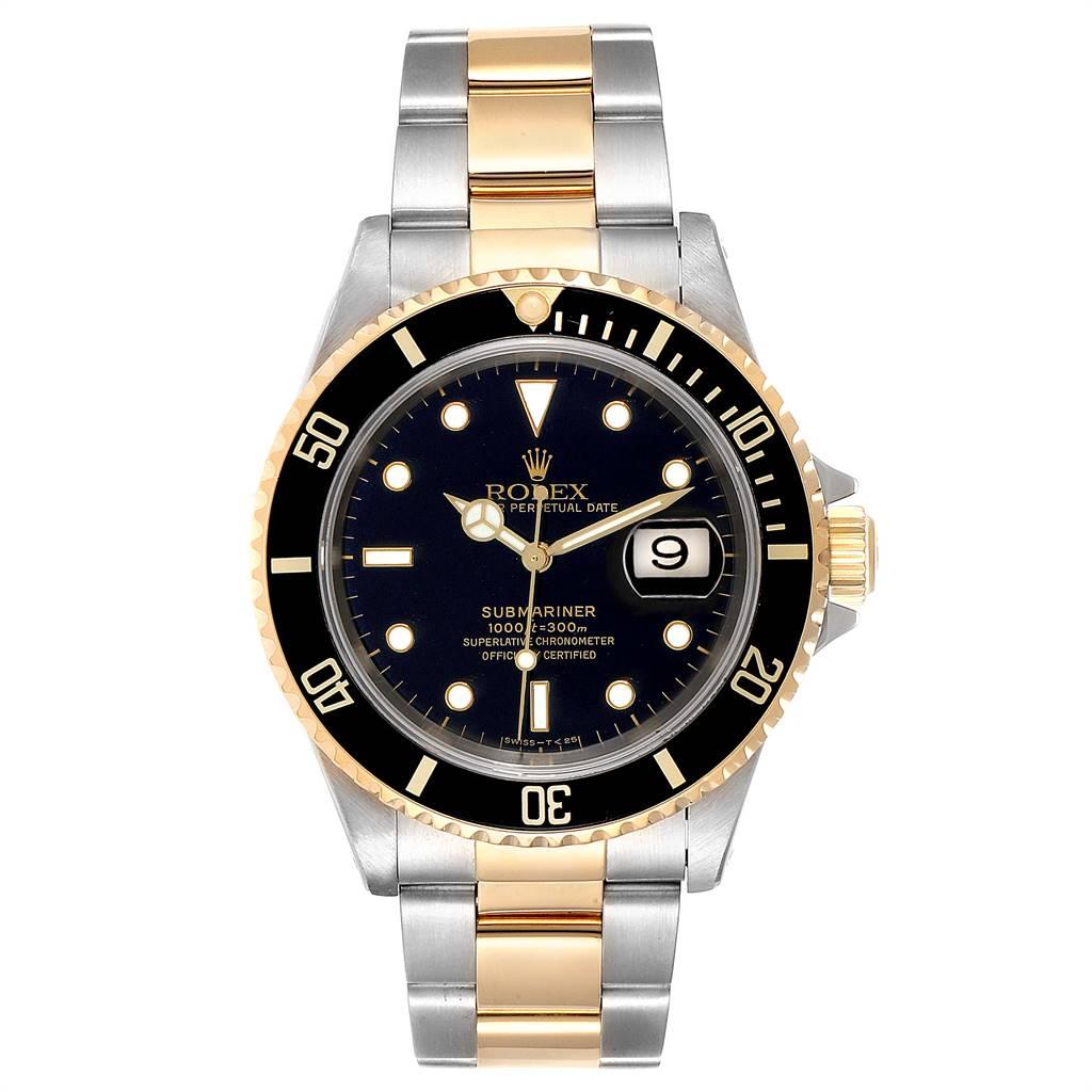 Rolex Submariner Black Dial Bezel Steel Yellow Gold Mens Watch 16613. Officially certified chronometer self-winding movement. Stainless steel and 18k yellow gold case 40 mm in diameter. Rolex logo on a crown. Black insert special time-lapse