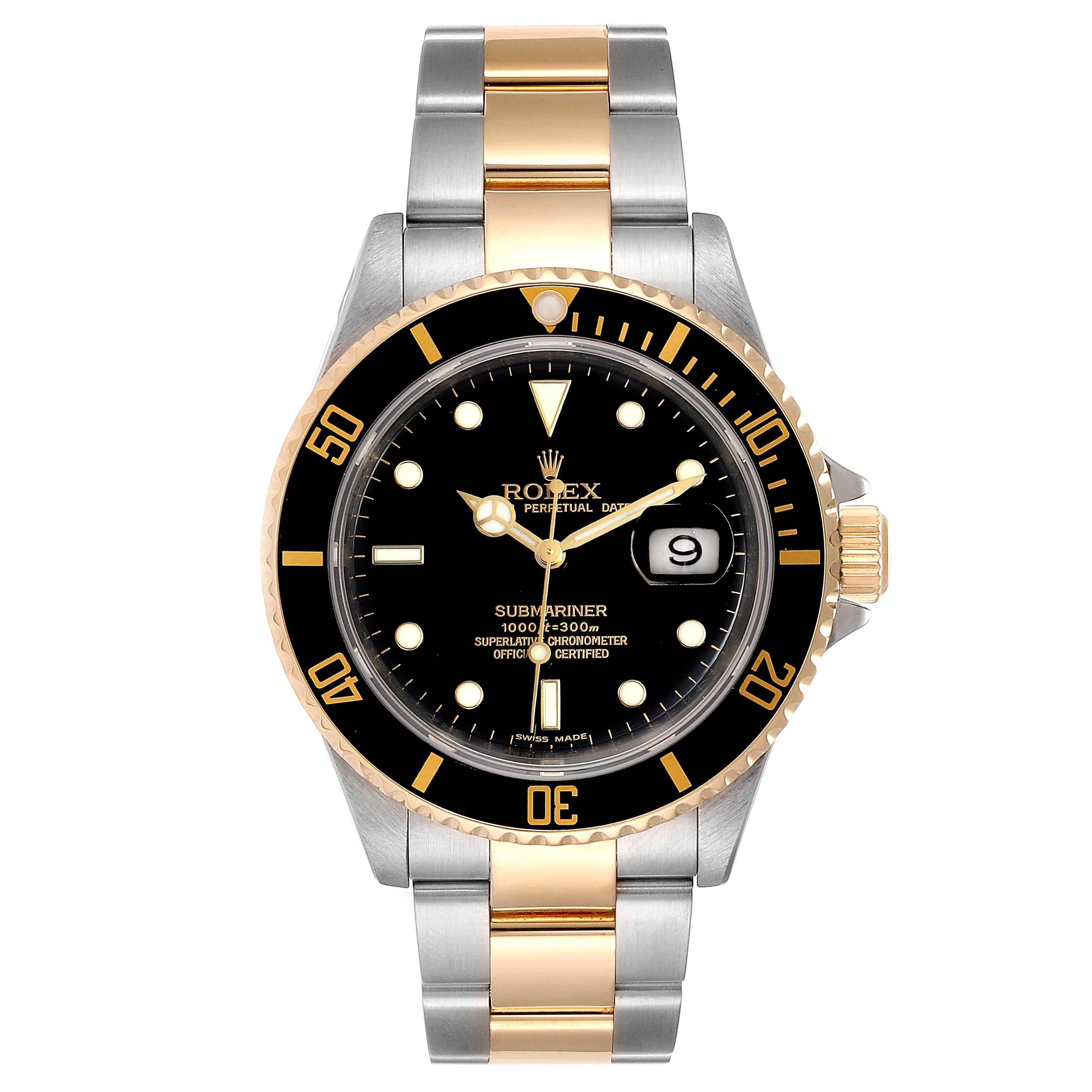 Rolex Submariner Black Dial Bezel Steel Yellow Gold Mens Watch 16613. Officially certified chronometer self-winding movement. Stainless steel and 18k yellow gold case 40 mm in diameter. Rolex logo on a crown. Black insert special time-lapse