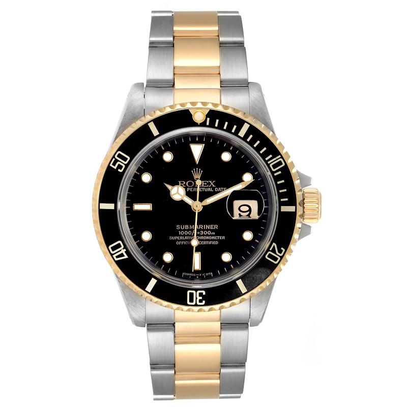 Rolex Submariner Black Dial Bezel Steel Yellow Gold Mens Watch 16613. Officially certified chronometer self-winding movement. Stainless steel and 18k yellow gold case 40 mm in diameter. Rolex logo on a crown. Black insert special time-lapse