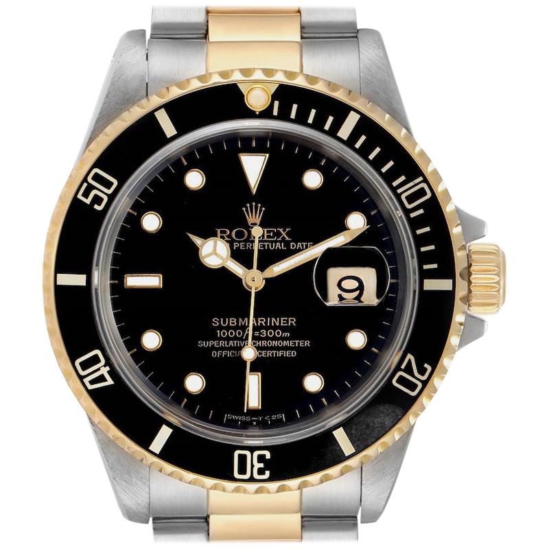 Rolex Submariner Black Dial Bezel Steel Yellow Gold Men's Watch 16613