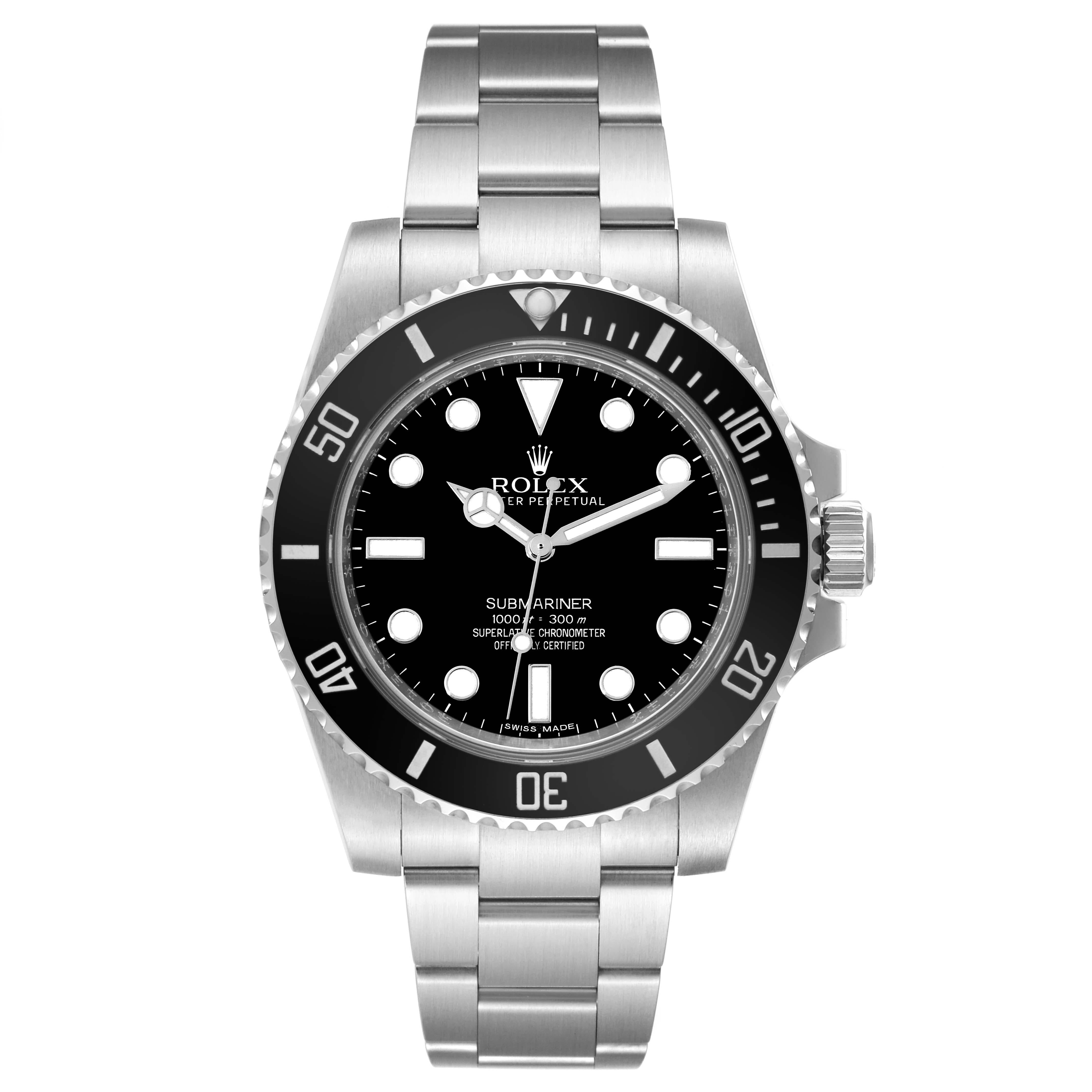 Rolex Submariner Black Dial Ceramic Bezel Steel Mens Watch 114060 Box Card. Officially certified chronometer automatic self-winding movement. Stainless steel case 40.0 mm in diameter. Rolex logo on the crown. Stainless steel uni-directional rotating