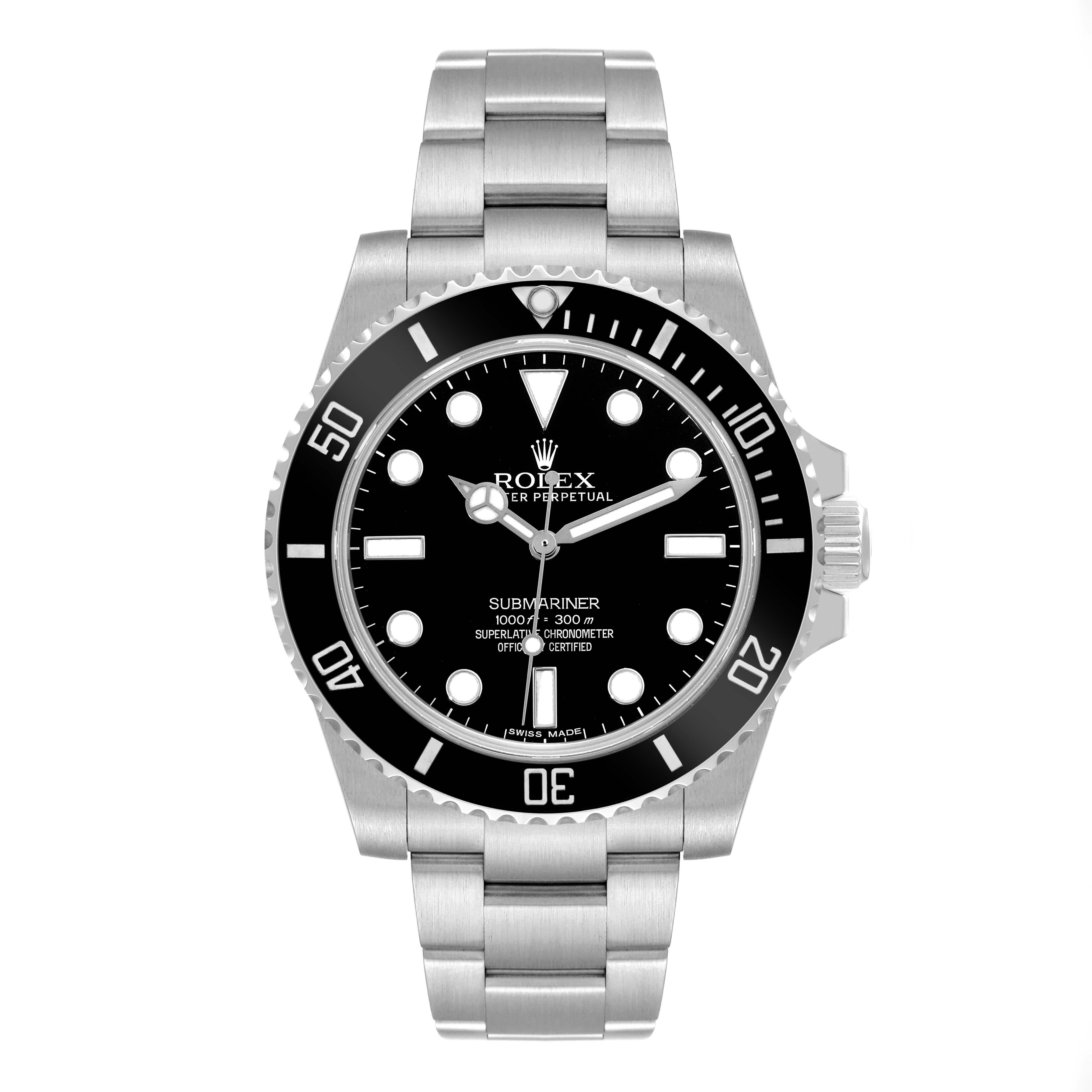 Rolex Submariner Black Dial Ceramic Bezel Steel Mens Watch 114060 Box Card. Officially certified chronometer automatic self-winding movement. Stainless steel case 40.0 mm in diameter. Rolex logo on the crown. Stainless steel uni-directional rotating
