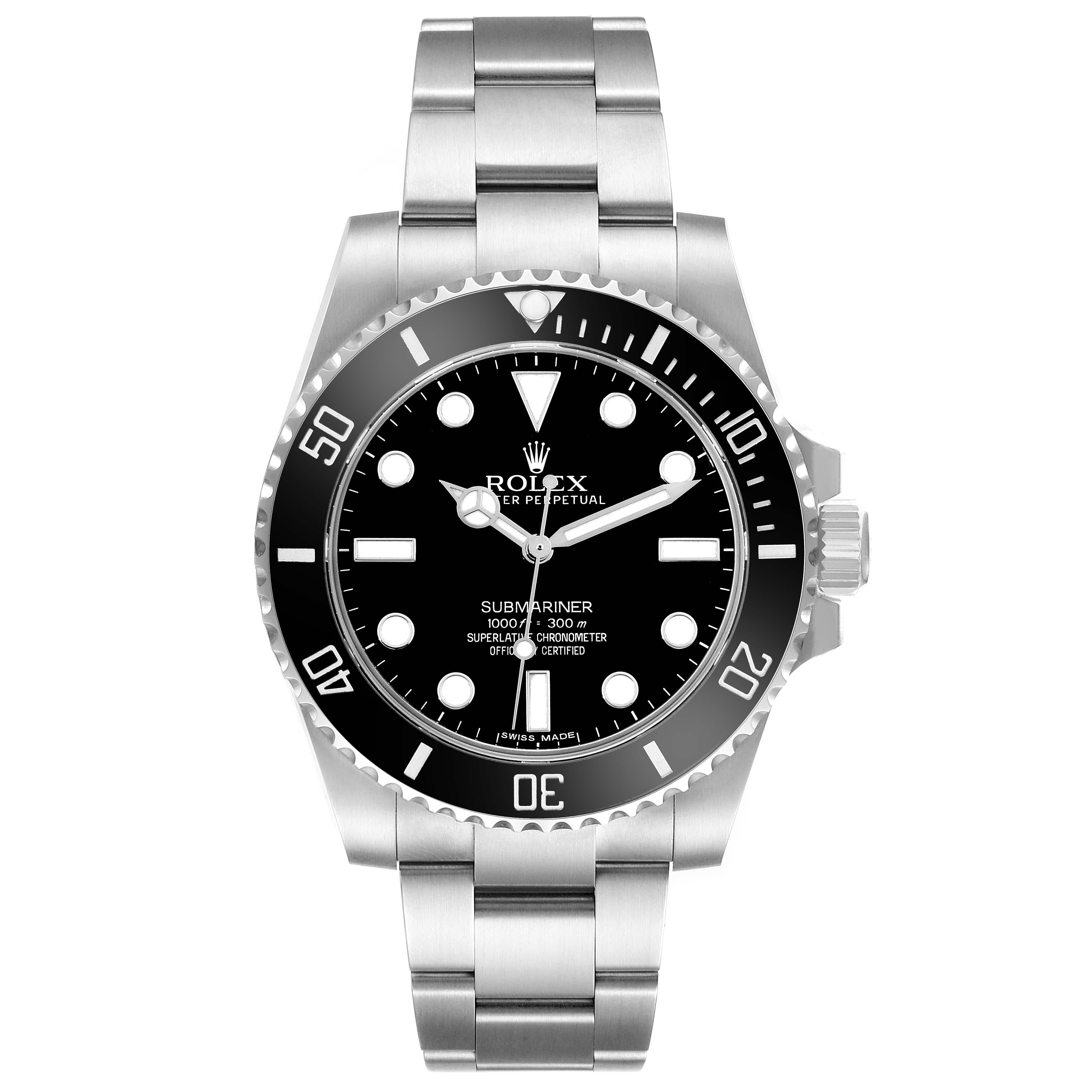 Rolex Submariner Black Dial Ceramic Bezel Steel Mens Watch 114060 Box Card. Officially certified chronometer automatic self-winding movement. Stainless steel case 40.0 mm in diameter. Rolex logo on the crown. Stainless steel uni-directional rotating