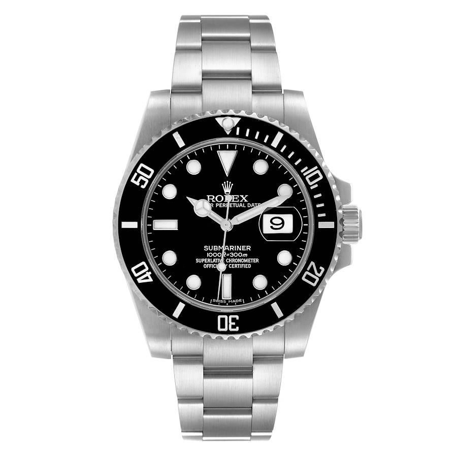 Rolex Submariner Black Dial Ceramic Bezel Steel Mens Watch 116610 Box Card. Officially certified chronometer self-winding movement. Stainless steel case 40 mm in diameter. Rolex logo on a crown. Unidirectional rotating black ceramic bezel with 60