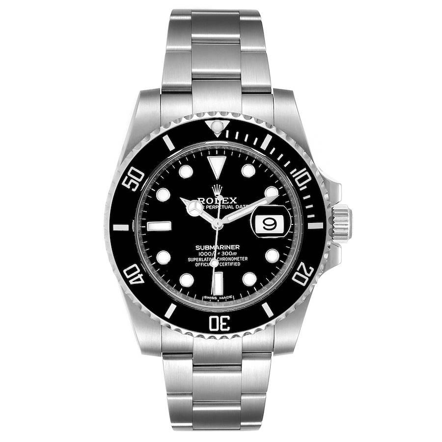 Rolex Submariner Black Dial Ceramic Bezel Steel Mens Watch 116610. Officially certified chronometer self-winding movement. Stainless steel case 40 mm in diameter. Rolex logo on a crown. Unidirectional rotating black ceramic bezel with 60 minutes