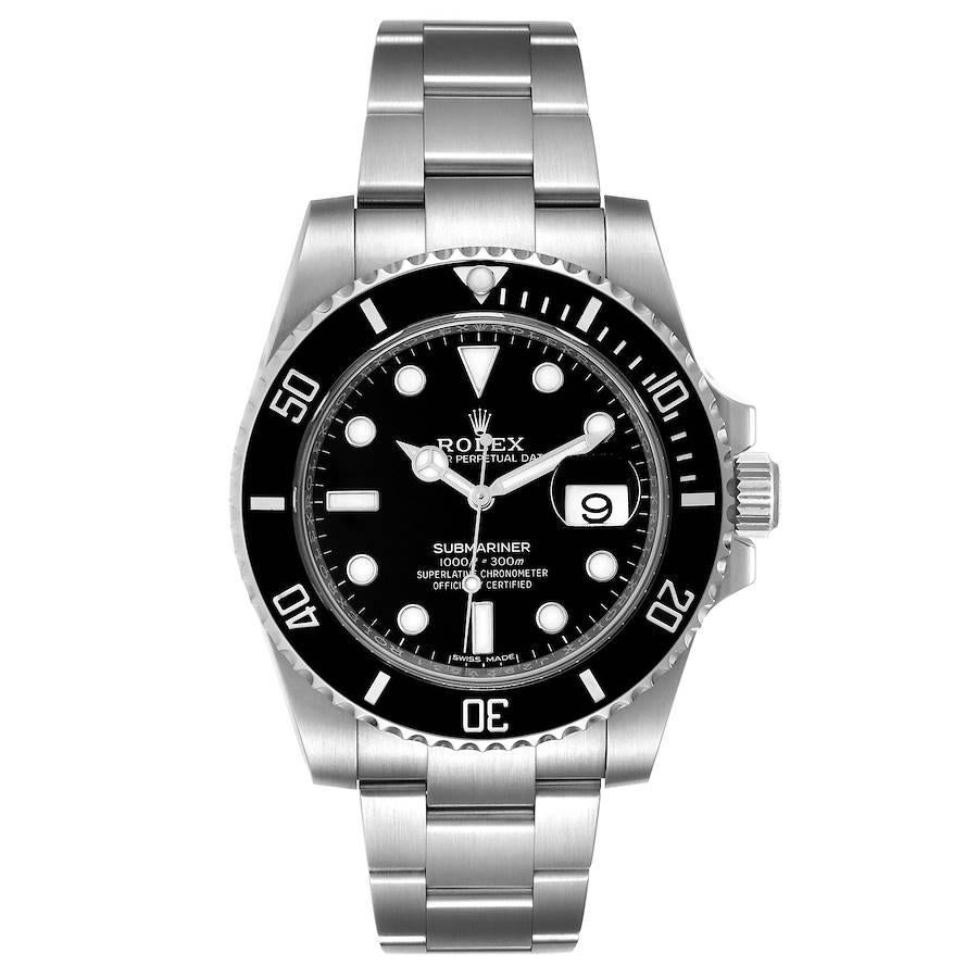 Rolex Submariner Black Dial Ceramic Bezel Steel Mens Watch 116610 Unworn. Officially certified chronometer self-winding movement. Stainless steel case 40 mm in diameter. Rolex logo on a crown. Unidirectional rotating black ceramic bezel with 60