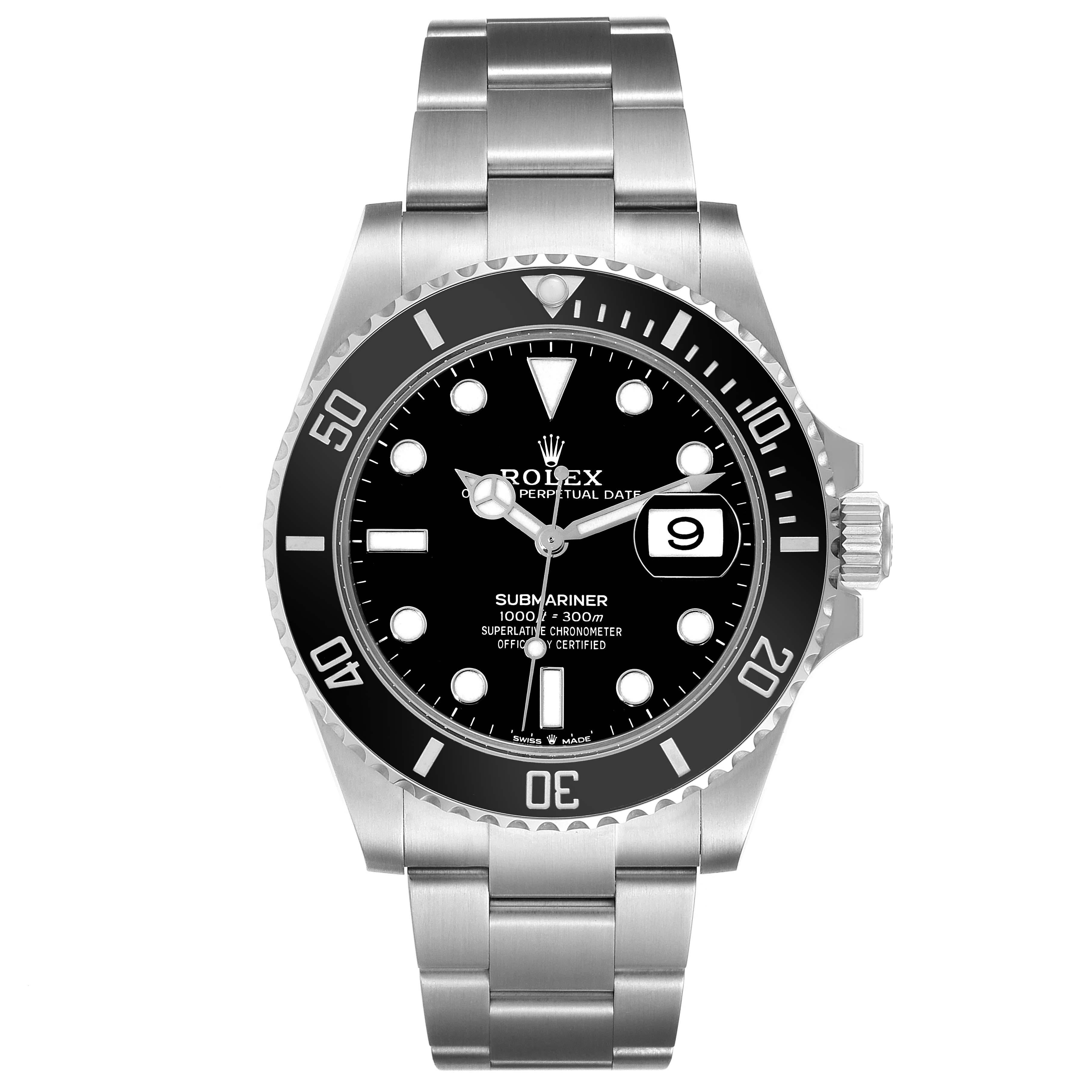 Rolex Submariner Black Dial Ceramic Bezel Steel Mens Watch 126610 Box Card. Officially certified chronometer automatic self-winding movement. Stainless steel case 41 mm in diameter. Rolex logo on the crown. Unidirectional rotating black ceramic
