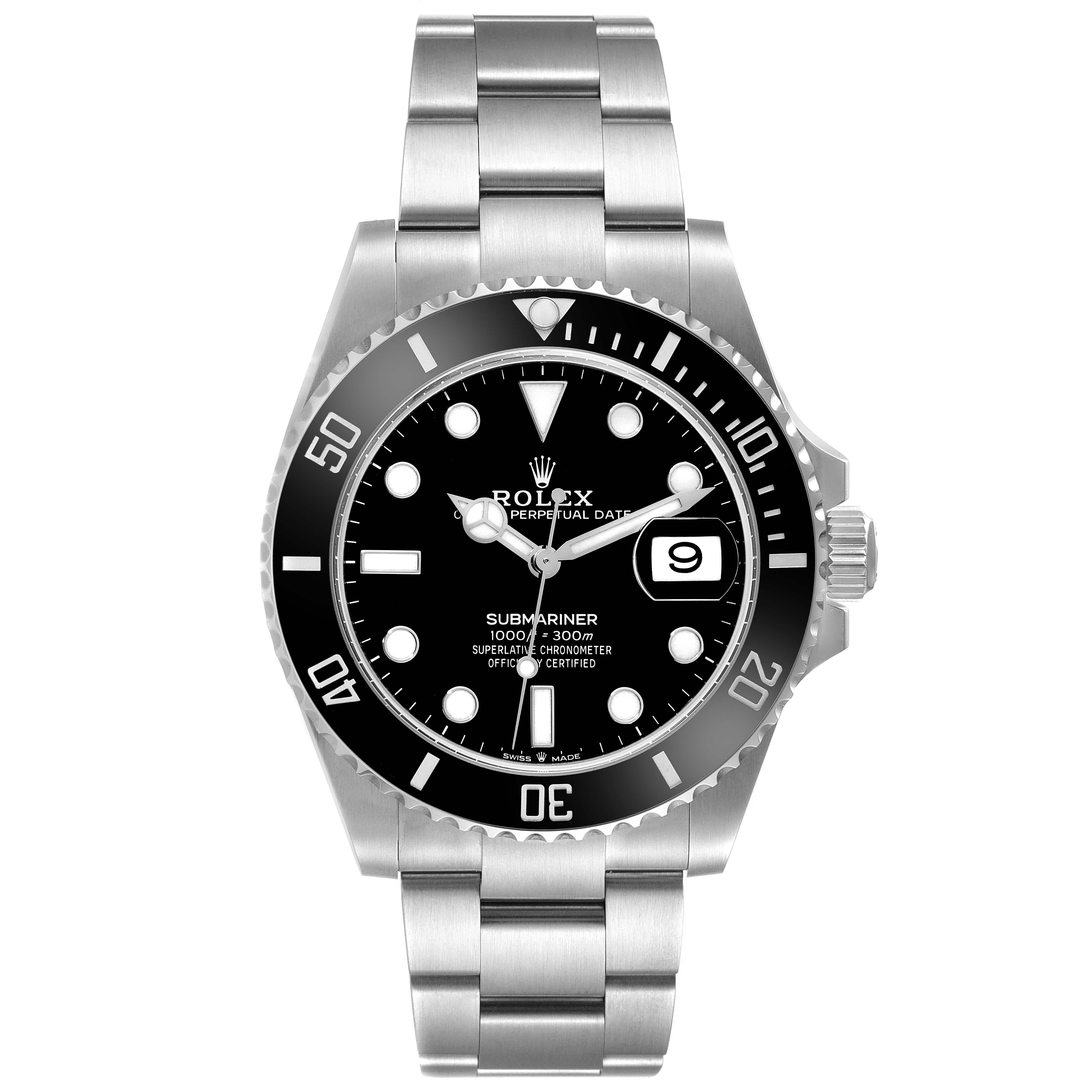 Rolex Submariner Black Dial Ceramic Bezel Steel Mens Watch 126610 Box Card. Officially certified chronometer automatic self-winding movement. Stainless steel case 41 mm in diameter. Rolex logo on the crown. Unidirectional rotating black ceramic