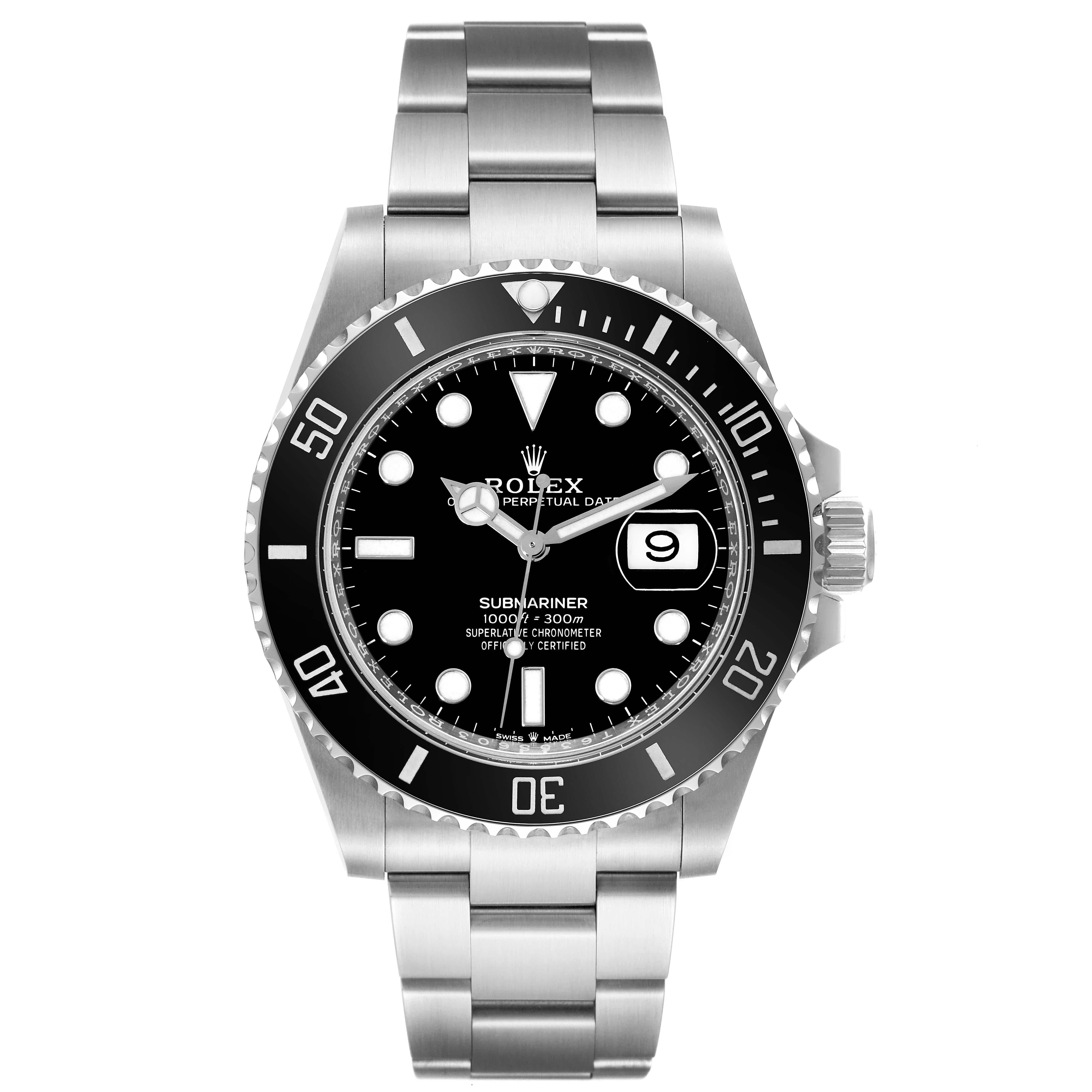 Rolex Submariner Black Dial Ceramic Bezel Steel Mens Watch 126610 Unworn. Officially certified chronometer automatic self-winding movement. Stainless steel case 41 mm in diameter. Rolex logo on the crown. Unidirectional rotating black ceramic bezel