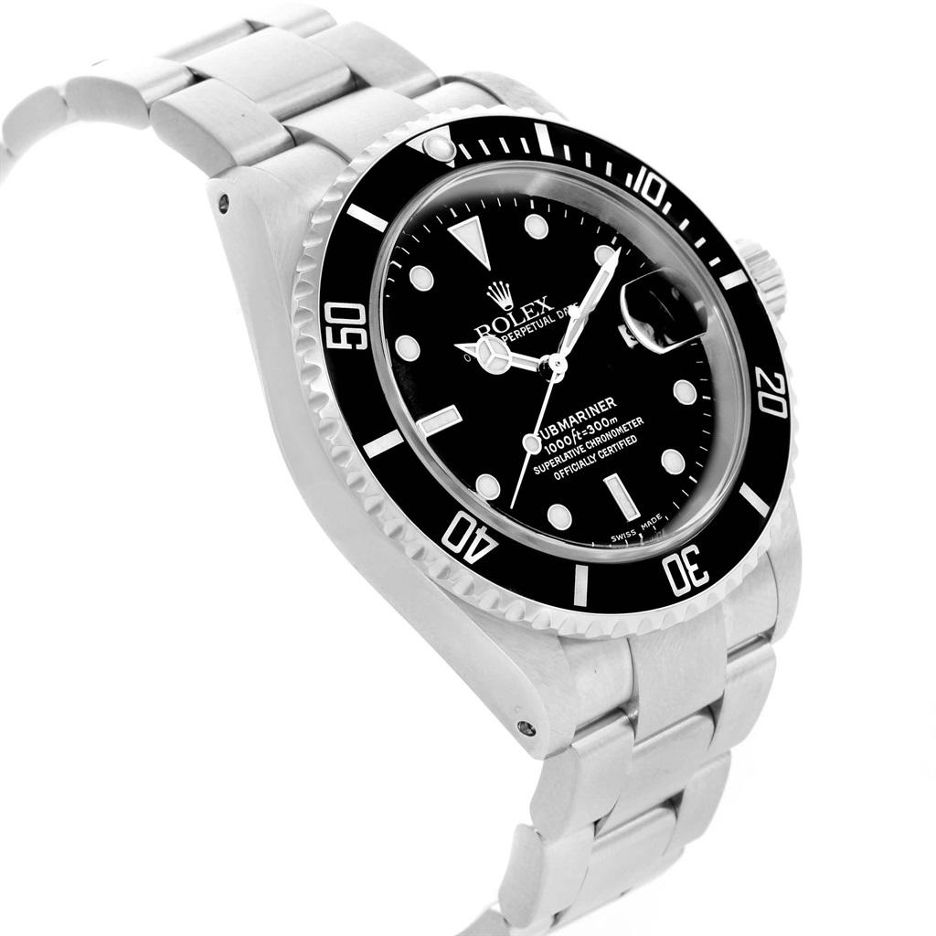 Rolex Submariner 40mm Black Dial Mens Watch 16610 Box Papers. Officially certified chronometer automatic self-winding movement. Stainless steel case 40.0 mm in diameter. Rolex logo on a crown. Special time-lapse unidirectional rotating bezel.