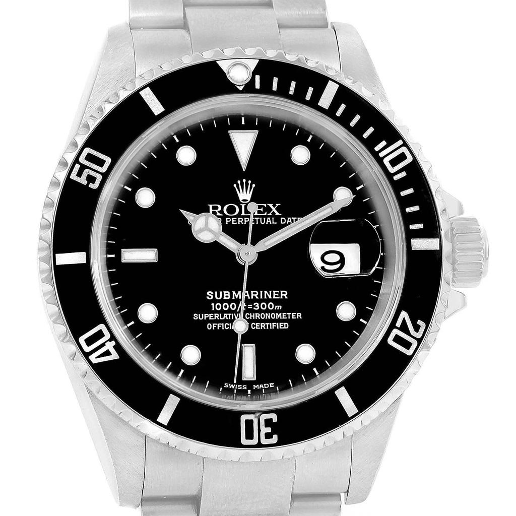 Rolex Submariner 40mm Black Dial Oyster Bracelet Mens Watch 16610 Box. Officially certified chronometer self-winding movement. Stainless steel case 40.0 mm in diameter. Rolex logo on a crown. Special time-lapse unidirectional rotating bezel. Scratch