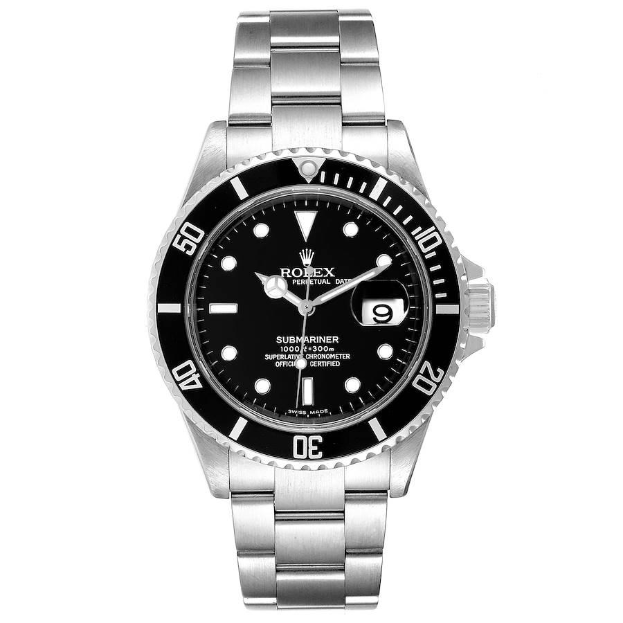 Rolex Submariner Black Dial Stainless Steel Mens Watch 16610 Box Card. Officially certified chronometer self-winding movement. Stainless steel case 40.0 mm in diameter. Rolex logo on a crown. Special time-lapse unidirectional rotating bezel. Scratch