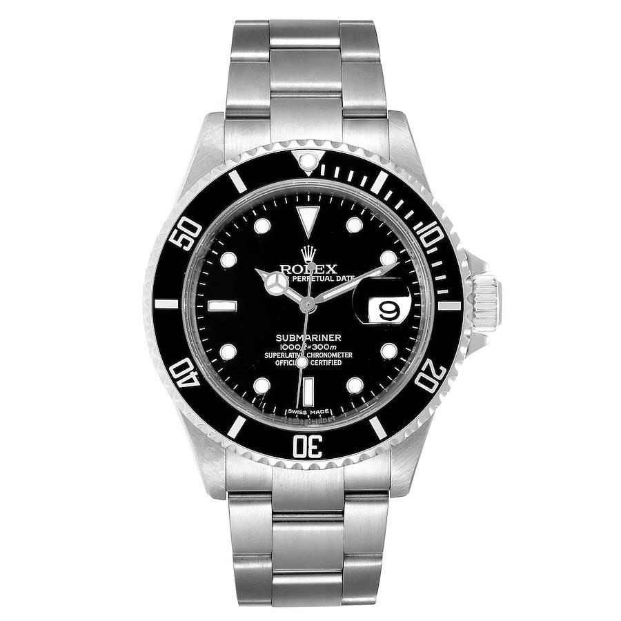 Rolex Submariner Black Dial Stainless Steel Mens Watch 16610 Box Card. Officially certified chronometer self-winding movement. Stainless steel case 40.0 mm in diameter. Rolex logo on a crown. Special time-lapse unidirectional rotating bezel. Scratch