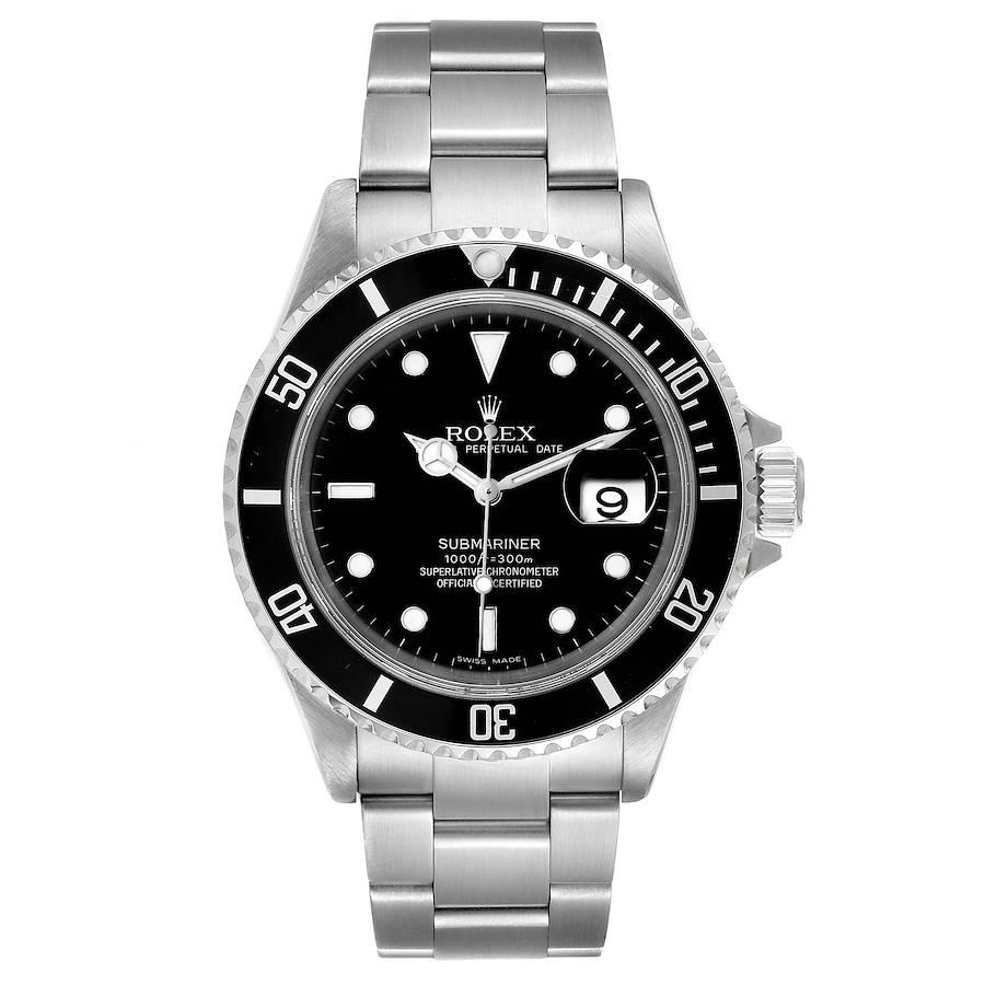 Rolex Submariner Black Dial Stainless Steel Mens Watch 16610 Box. Officially certified chronometer self-winding movement. Stainless steel case 40.0 mm in diameter. Rolex logo on a crown. Special time-lapse unidirectional rotating bezel. Scratch