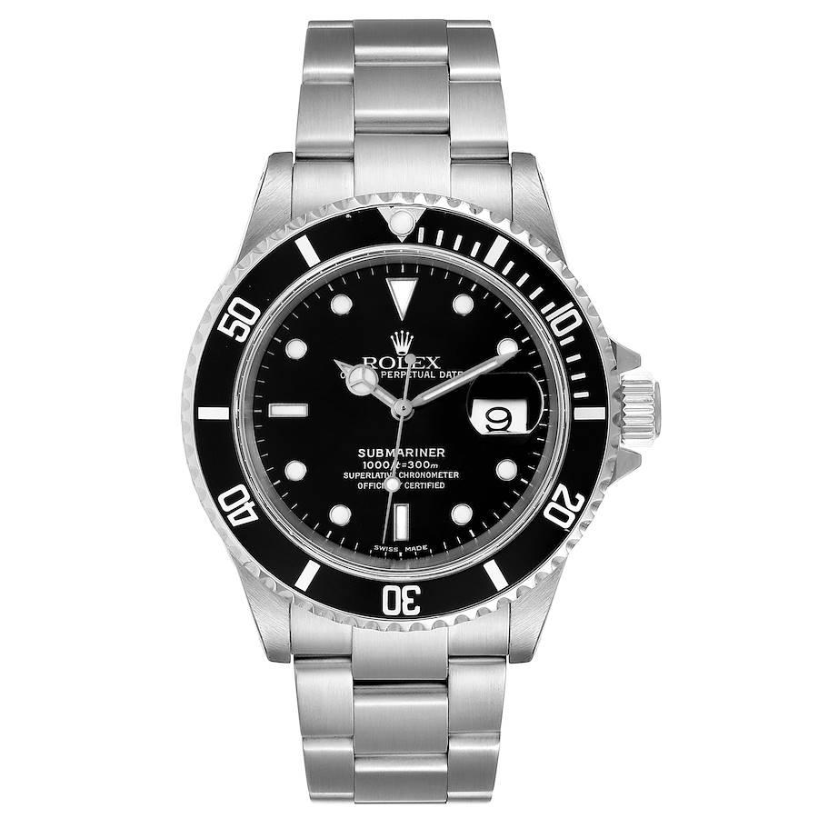 Rolex Submariner Black Dial Stainless Steel Mens Watch 16610 Box Papers. Officially certified chronometer self-winding movement. Stainless steel case 40.0 mm in diameter. Rolex logo on a crown. Special time-lapse unidirectional rotating bezel.
