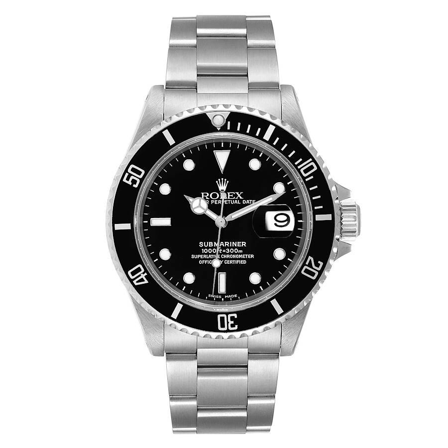 Rolex Submariner Black Dial Stainless Steel Mens Watch 16610 Box Papers. Officially certified chronometer self-winding movement. Stainless steel case 40.0 mm in diameter. Rolex logo on a crown. Special time-lapse unidirectional rotating bezel.