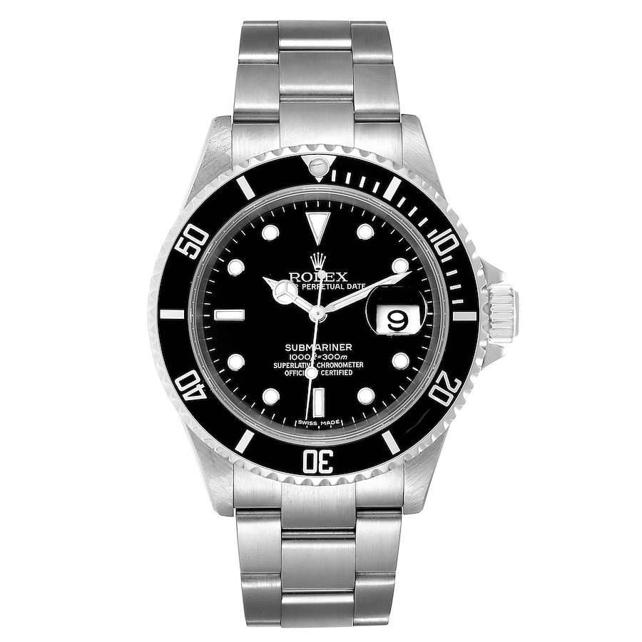 Rolex Submariner Black Dial Stainless Steel Mens Watch 16610. Officially certified chronometer self-winding movement. Stainless steel case 40.0 mm in diameter. Rolex logo on a crown. Special time-lapse unidirectional rotating bezel. Small hairline