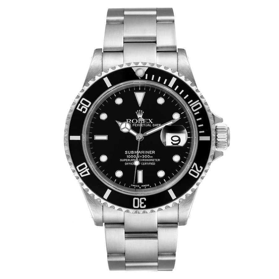 Rolex Submariner Black Dial Stainless Steel Mens Watch 16610. Officially certified chronometer self-winding movement. Stainless steel case 40.0 mm in diameter. Rolex logo on a crown. Special time-lapse unidirectional rotating bezel. Scratch