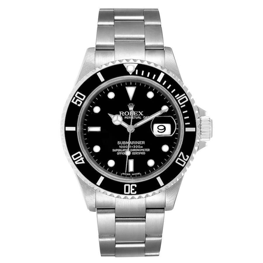 Rolex Submariner Black Dial Stainless Steel Mens Watch 16610. Officially certified chronometer self-winding movement. Stainless steel case 40.0 mm in diameter. Rolex logo on a crown. Special time-lapse unidirectional rotating bezel. Scratch